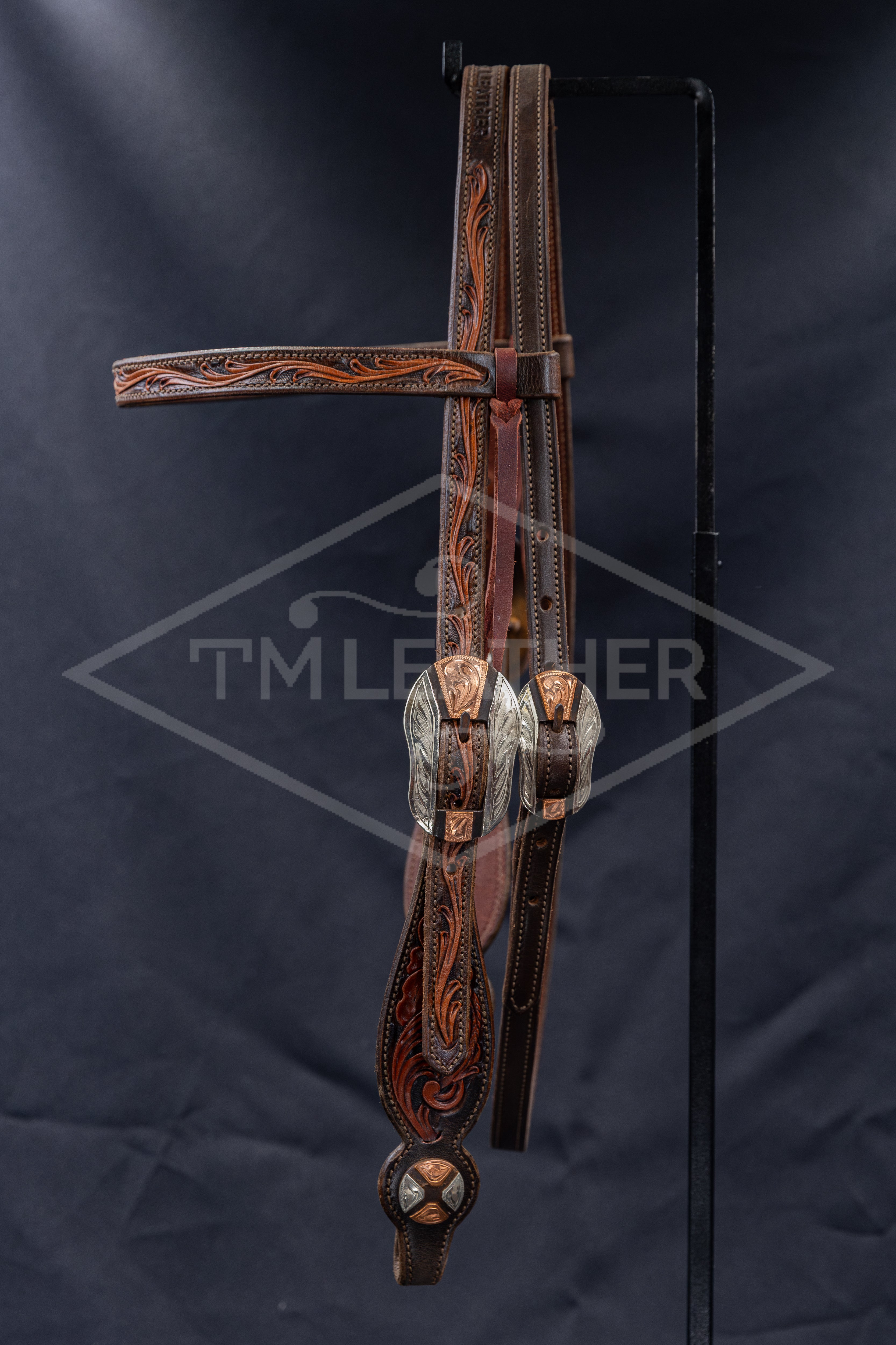 Browband Chocolate & Natural Floral w/ Silver/Copper Overlay Silverton Buckle w/ Matching Conchos