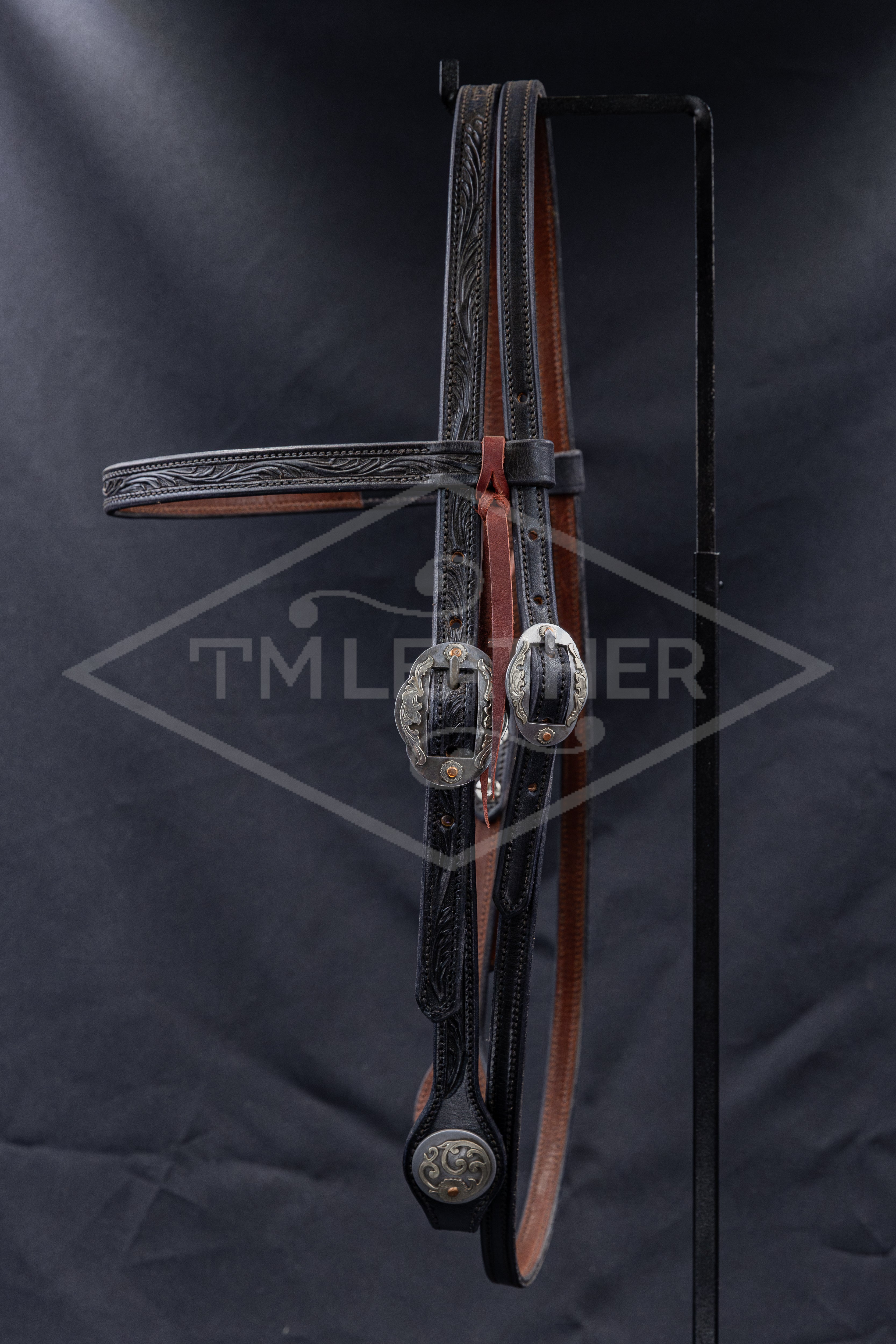 Browband Black Floral Headstall w/ Silver/Copper Floral Buckles & Matching Conchos