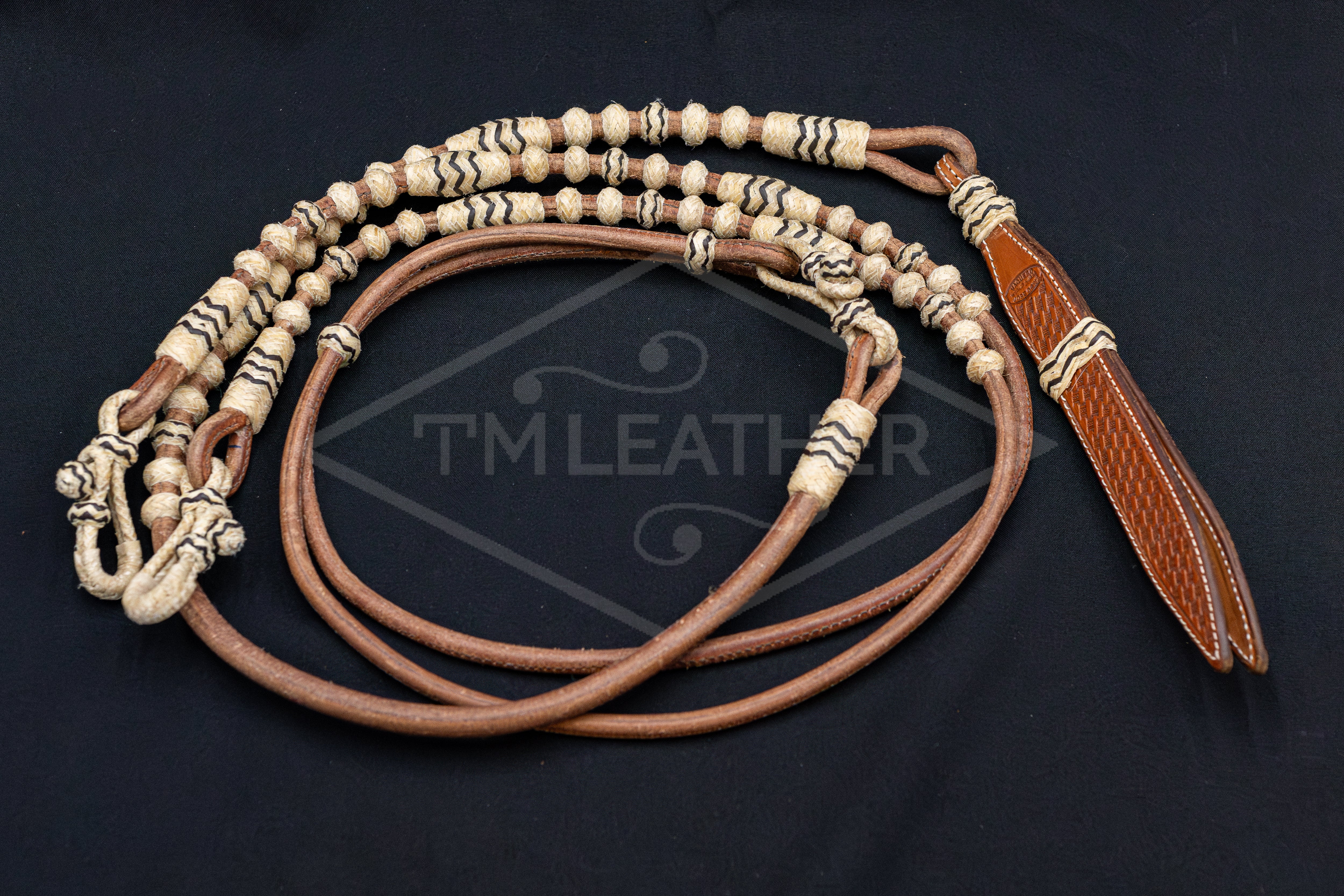 104" Rolled Leather & Natural w/ Chocolate Rawhide Romel Reins