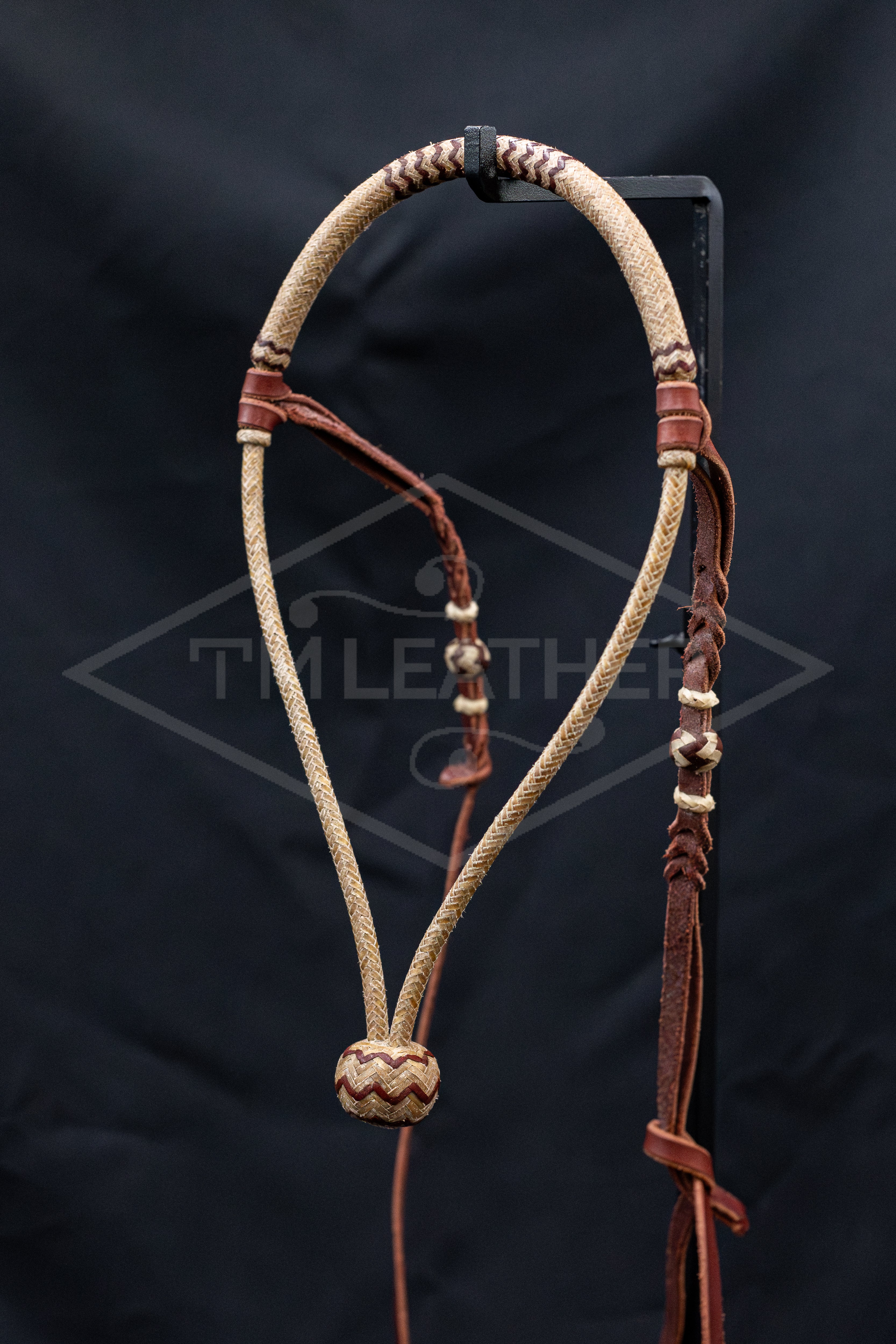 1/4" Natural & Maroon Rawhide Bosal w/ Leather Hanger w/ Rawhide Accents