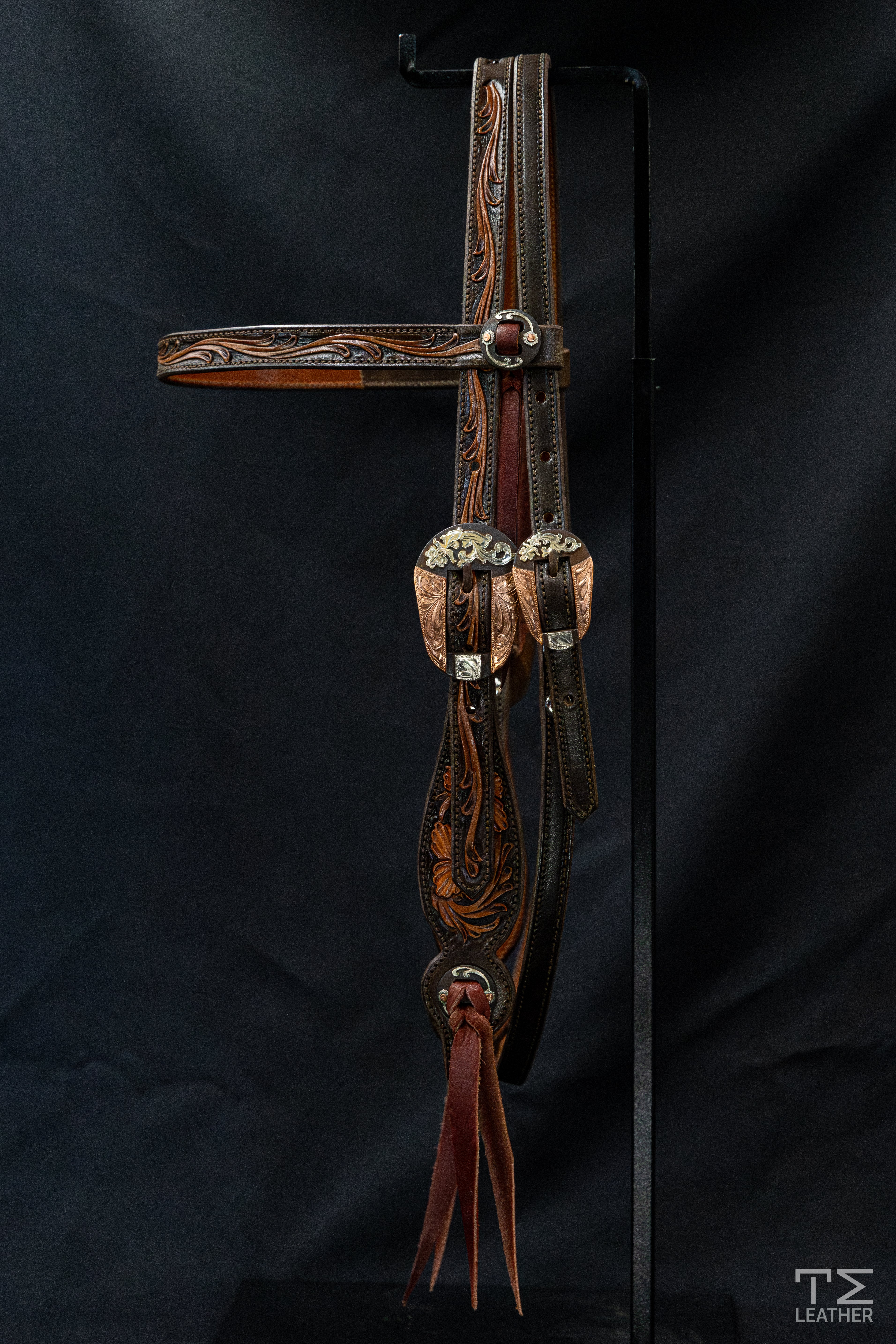 Browband Chocolate & Light Brown Floral w/ TM Leather Browned Tapered Oval Floral Buckle & Matching Conchos