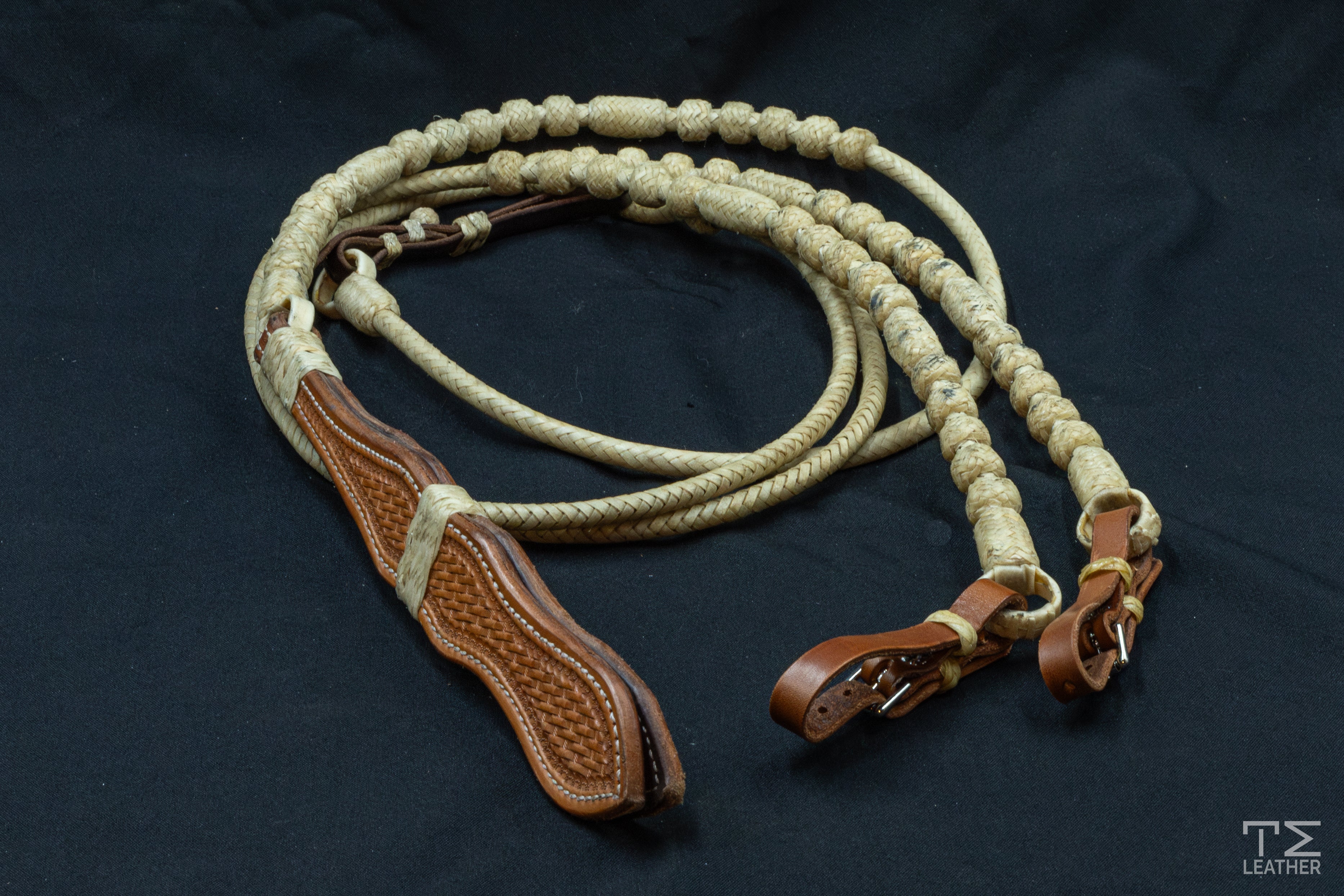 12 Plait, 110" Natural Rawhide Romel Reins w/ Leather Connectors
