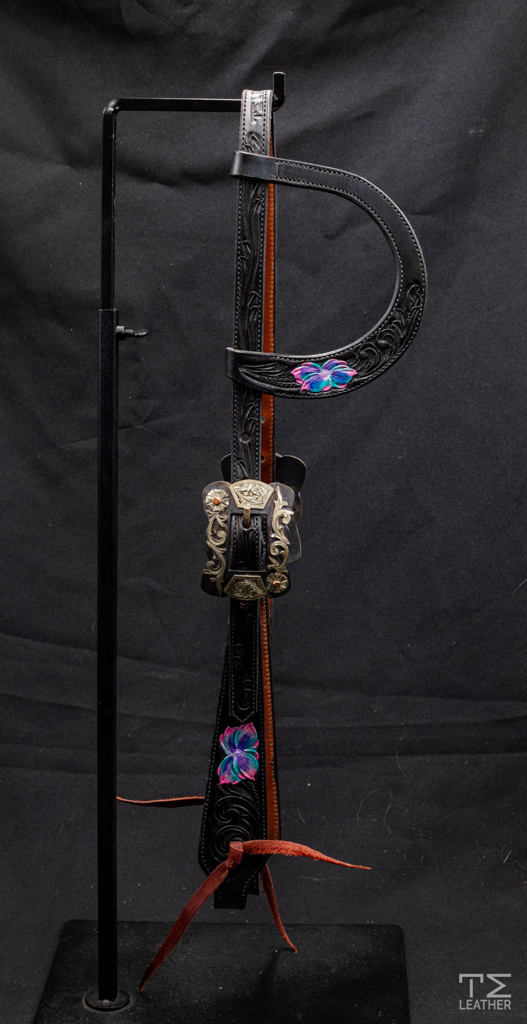 Slide Ear Black Floral w/ Multi-Colored Flowers & Steel Scalloped Square Buckle