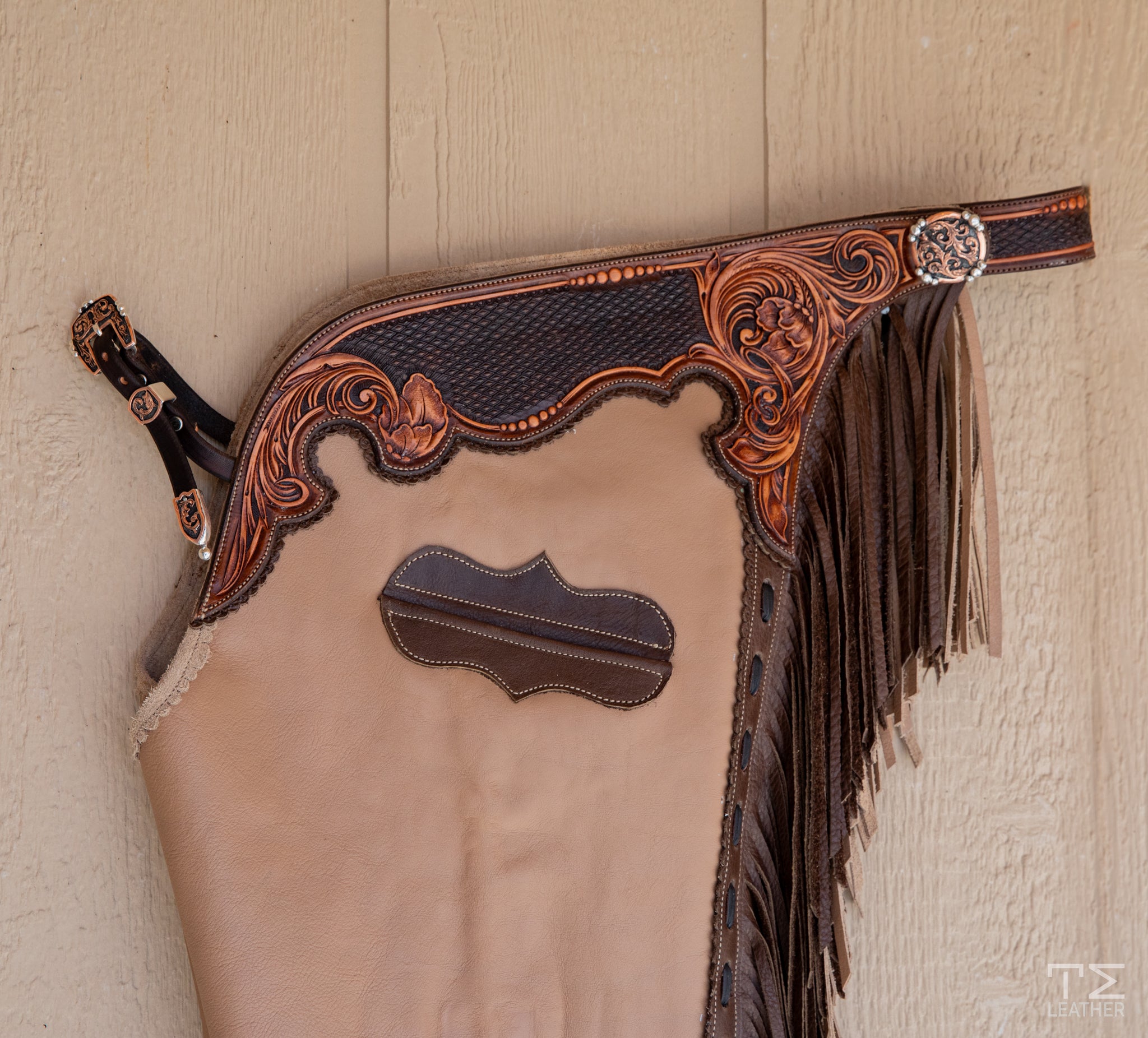 Sand Smoothout Chaps w/ Brown & Light Brown Two Toned Floral Yokes w/ Diamond Stamp Accents