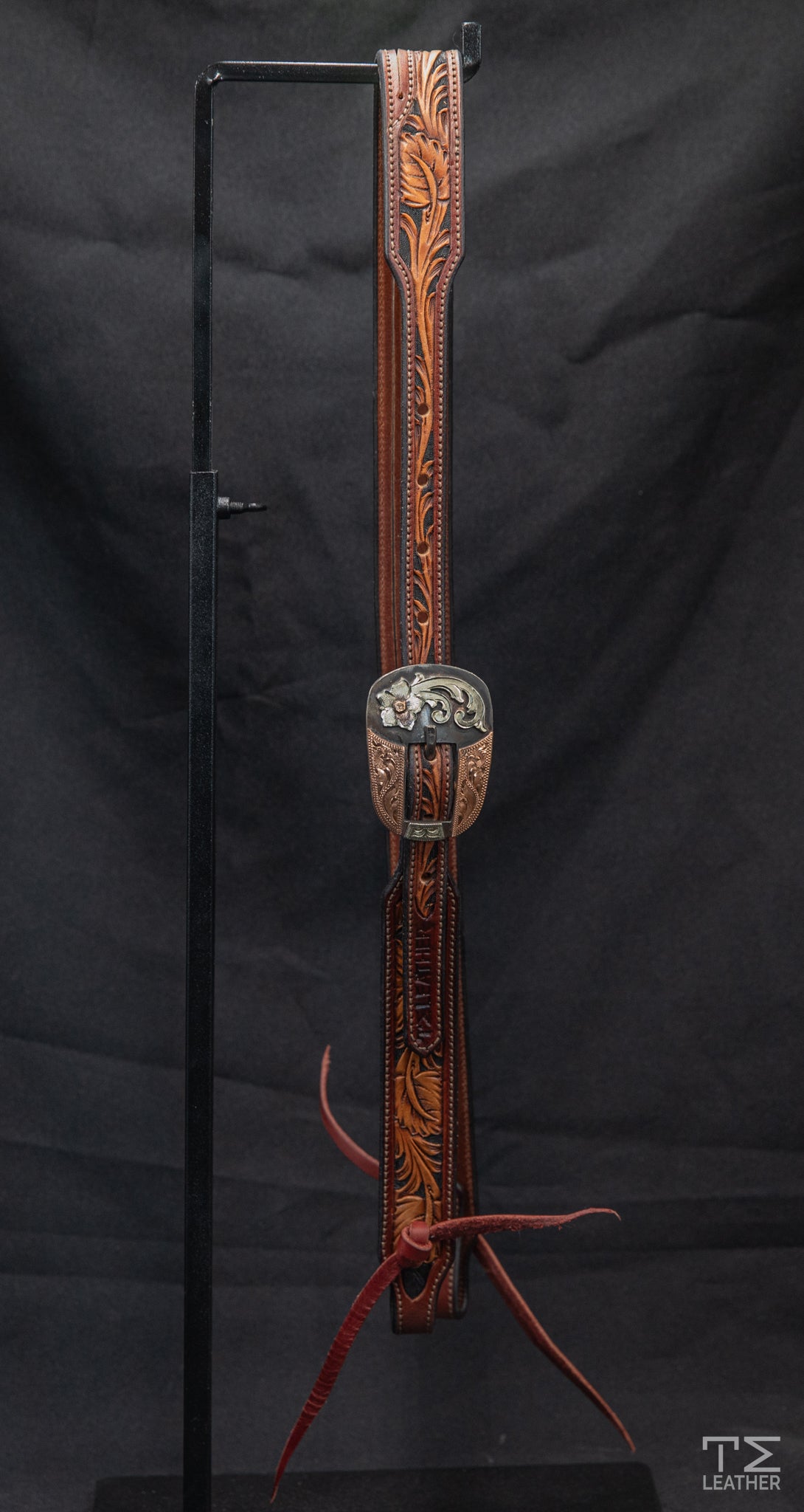 Slit Ear Mahogany & Light Brown Floral w/ Black Accents & Rounded Square Buckle w/ Copper & Floral Accents