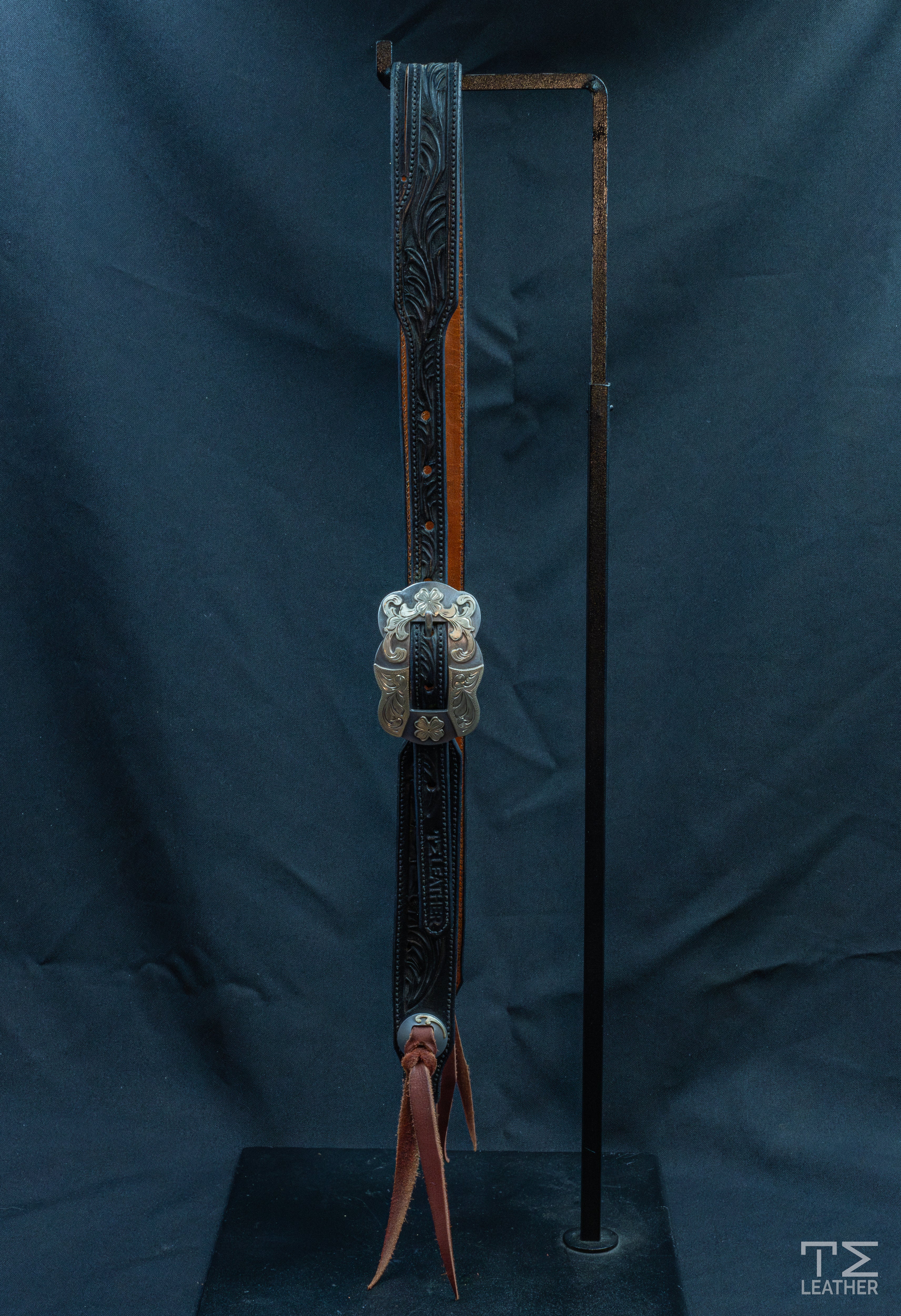 Slit Ear Black Floral Headstall w/ TM Leather Silver Large Scalloped Floral Buckle & Slotted Conchos