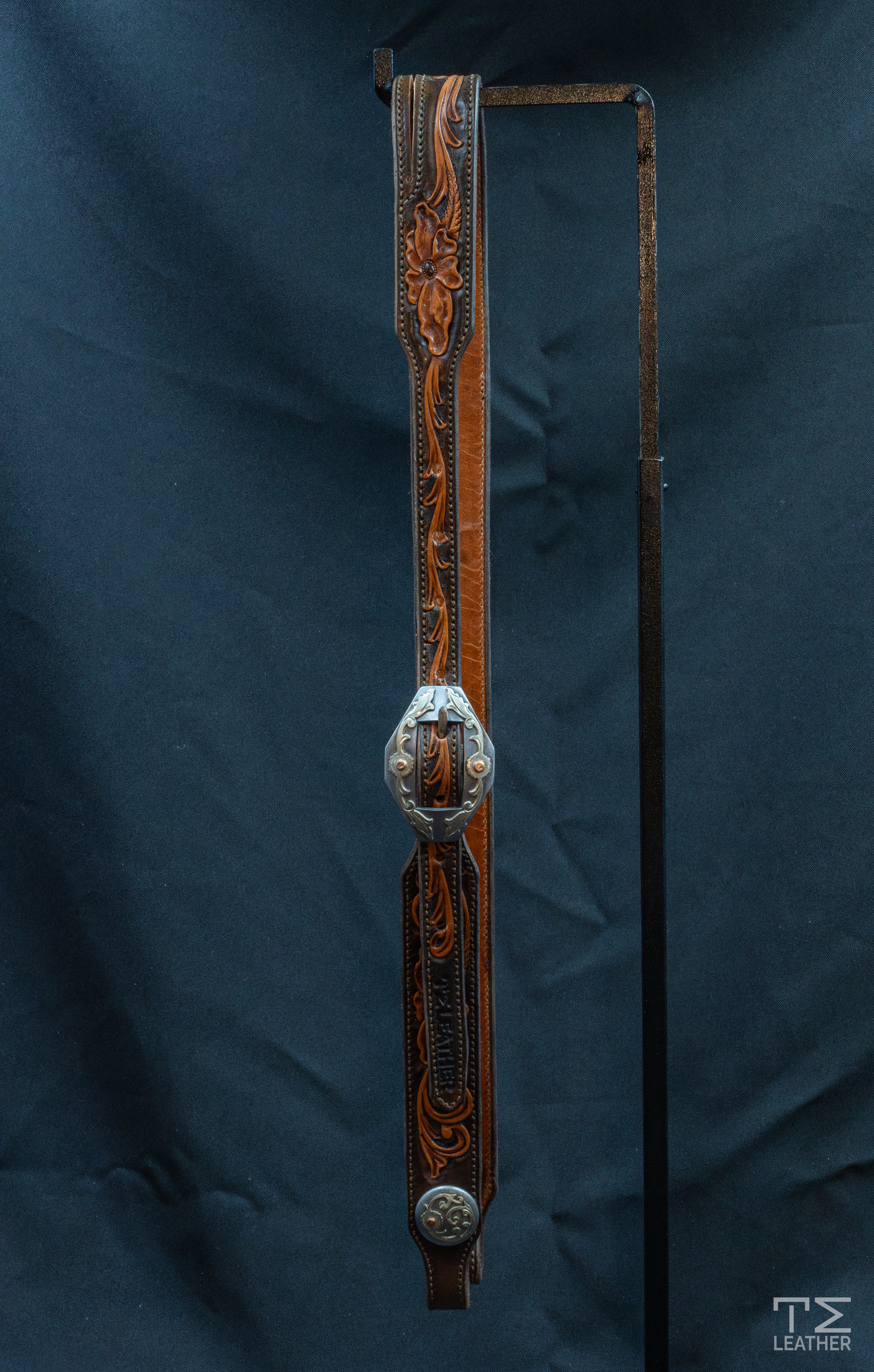 Slit Ear Chocolate & Light Brown Floral Carved w/ Silver Diamond Floral Buckle & Conchos
