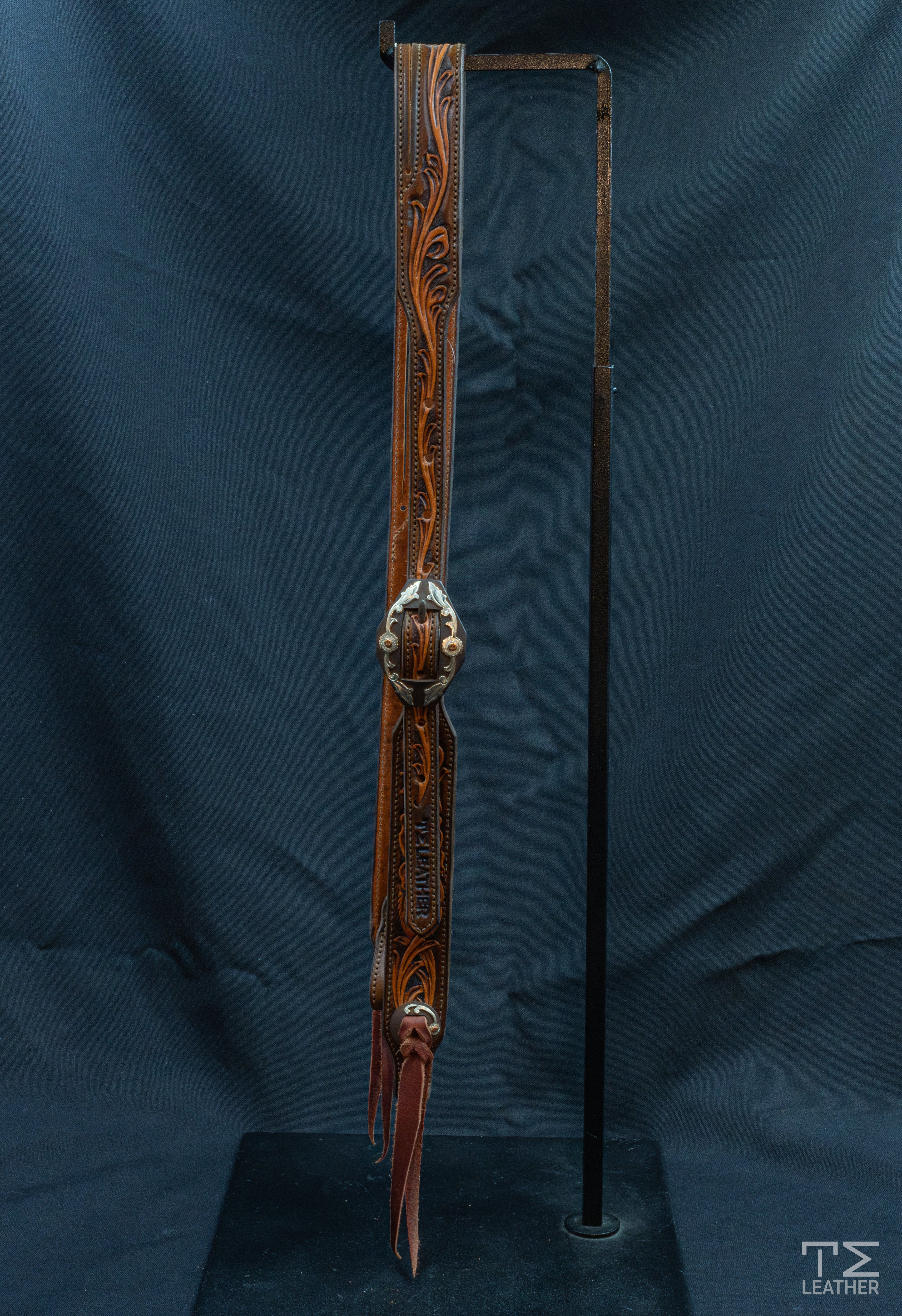 Slit Ear Brown & Light Brown Floral Carved w/ Browned Diamond Floral Buckle & Conchos