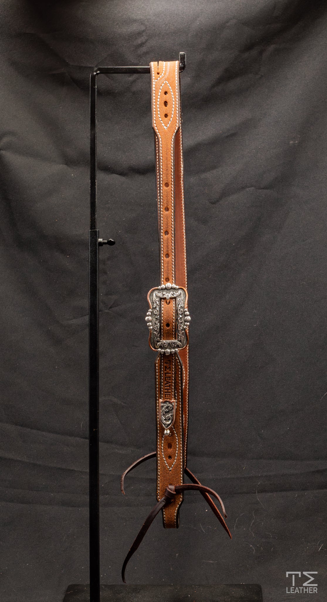 Working Slit Ear Natural Roughout w/ Gunslinger Stitching & Copper Cart Buckle w/ Silver Scrolls & Beads
