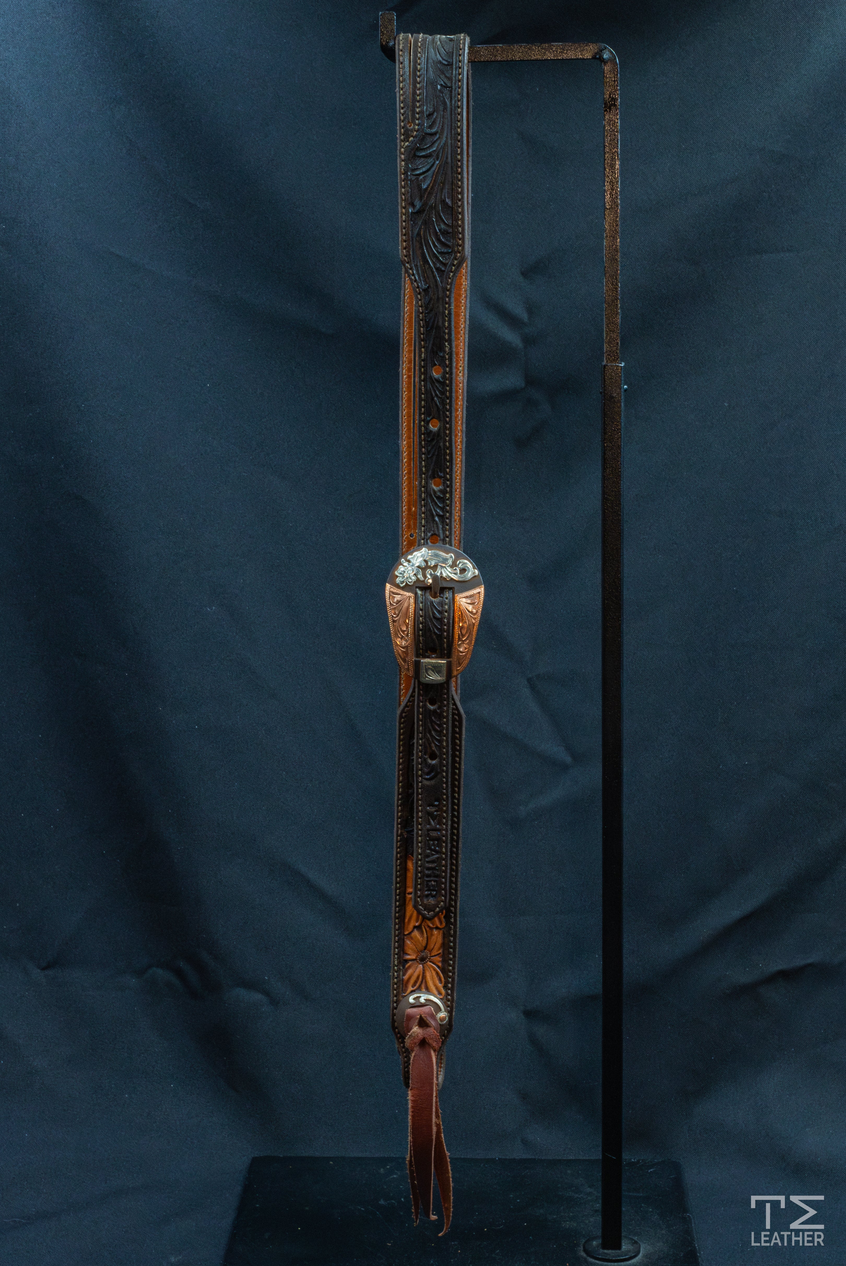 Slit Ear Chocolate & Light Brown Floral Carved & TM Leather Browned Tapered Oval Floral Buckle & Matching Conchos