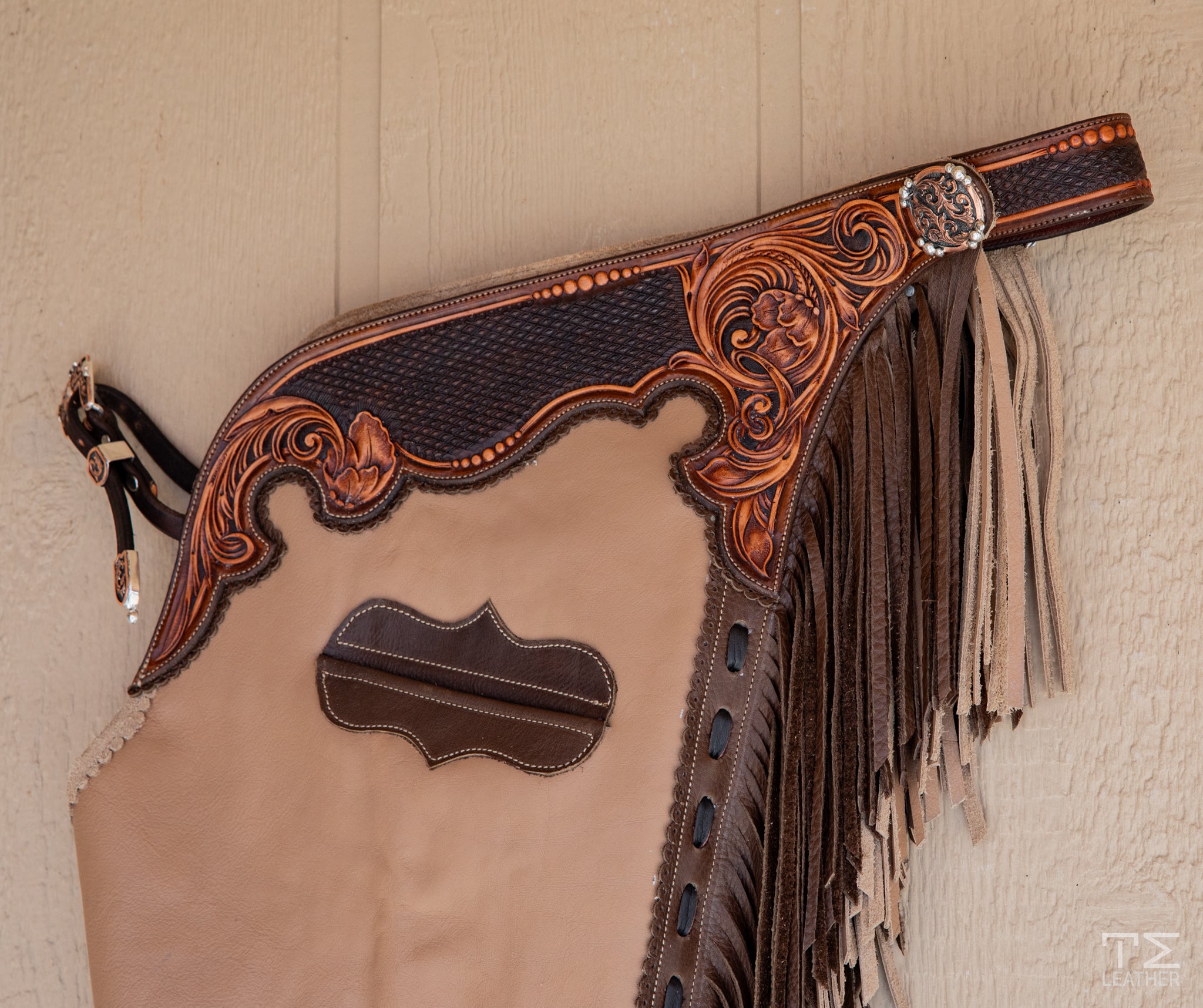 Sand Smoothout Chaps w/ Brown & Light Brown Two Toned Floral Yokes w/ Diamond Stamp Accents