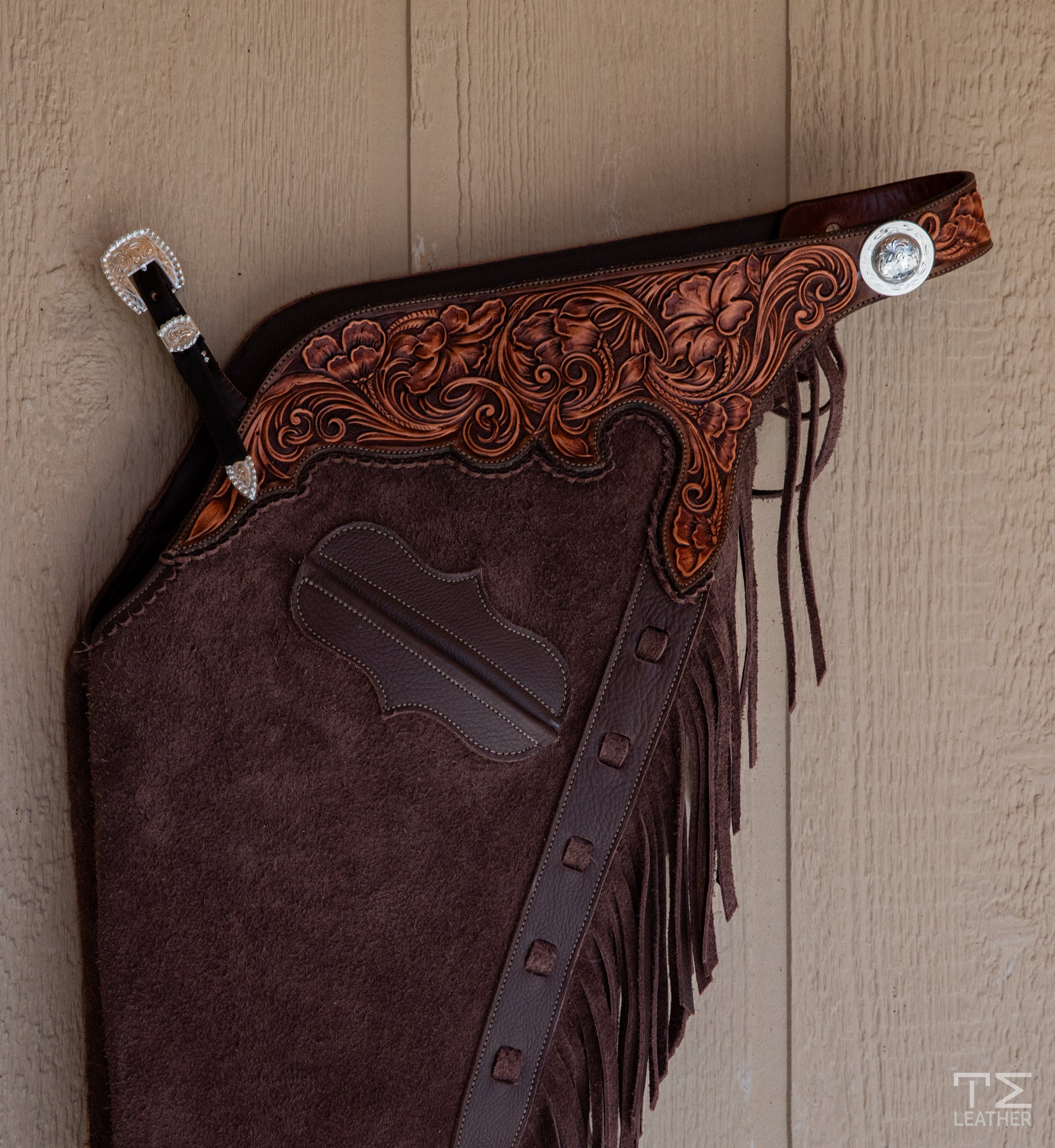 Cocoa Roughout Chaps w/ Brown & Light Brown Two Toned Floral Yokes