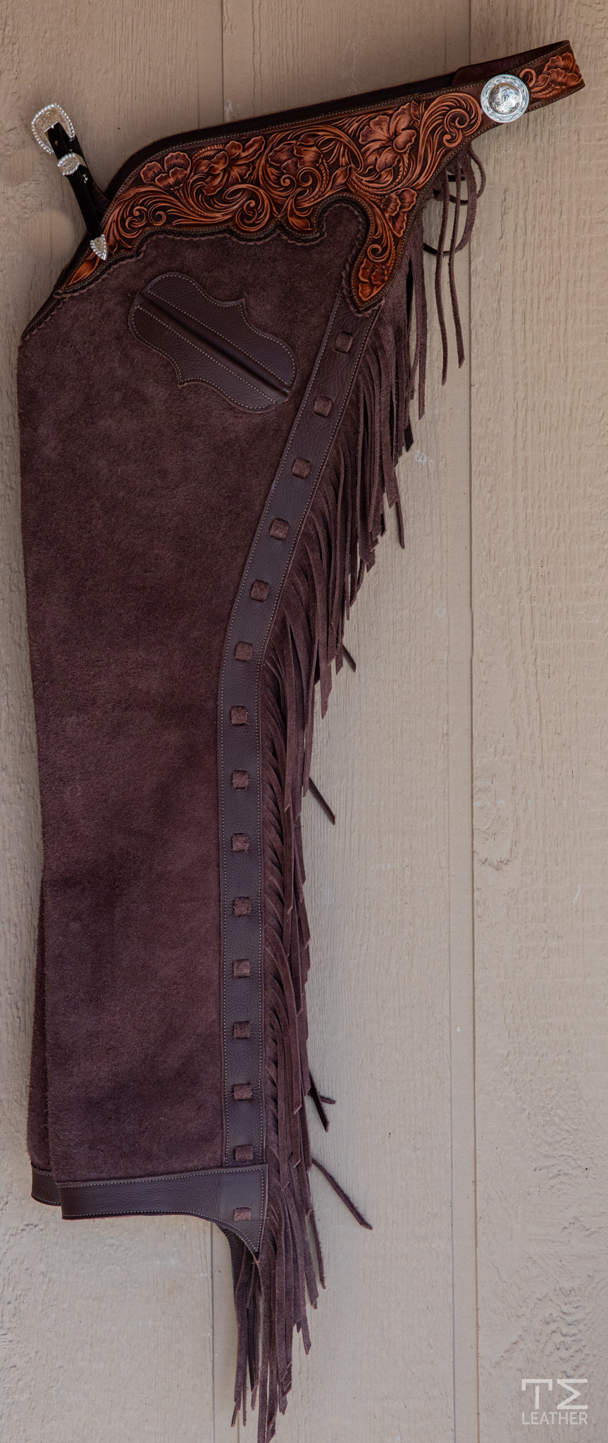 Cocoa Roughout Chaps w/ Brown & Light Brown Two Toned Floral Yokes