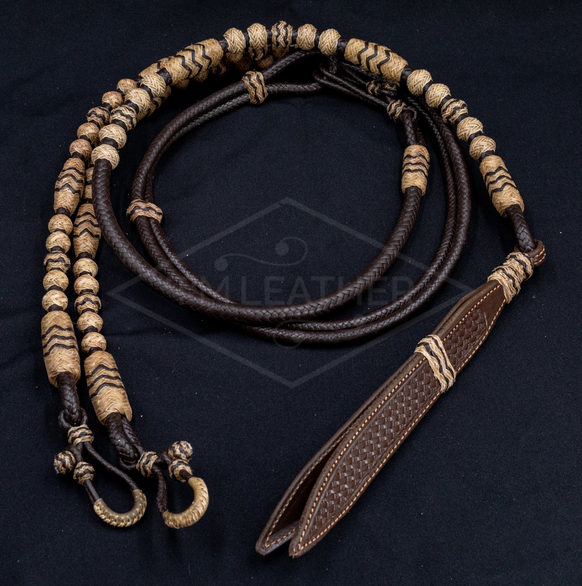 12 Plait, 104" Chocolate Kangaroo Leather Romel Reins w/ Natural Rawhide & Chocolate Accents
