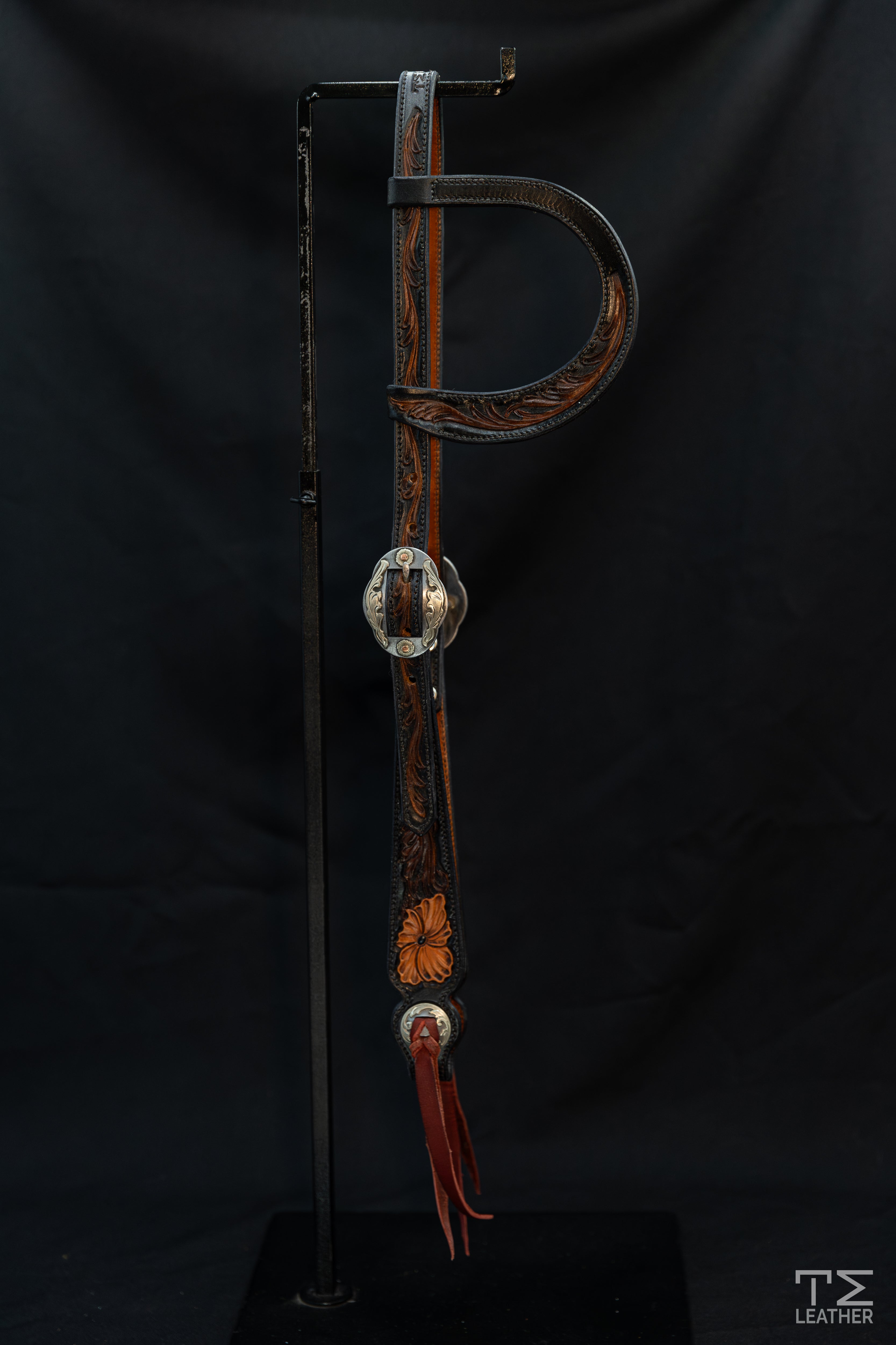 Slide Ear Black & Walnut Floral Headstall w/ Saddle Tan Flowers & Silver Oval Floral Buckles & Conchos