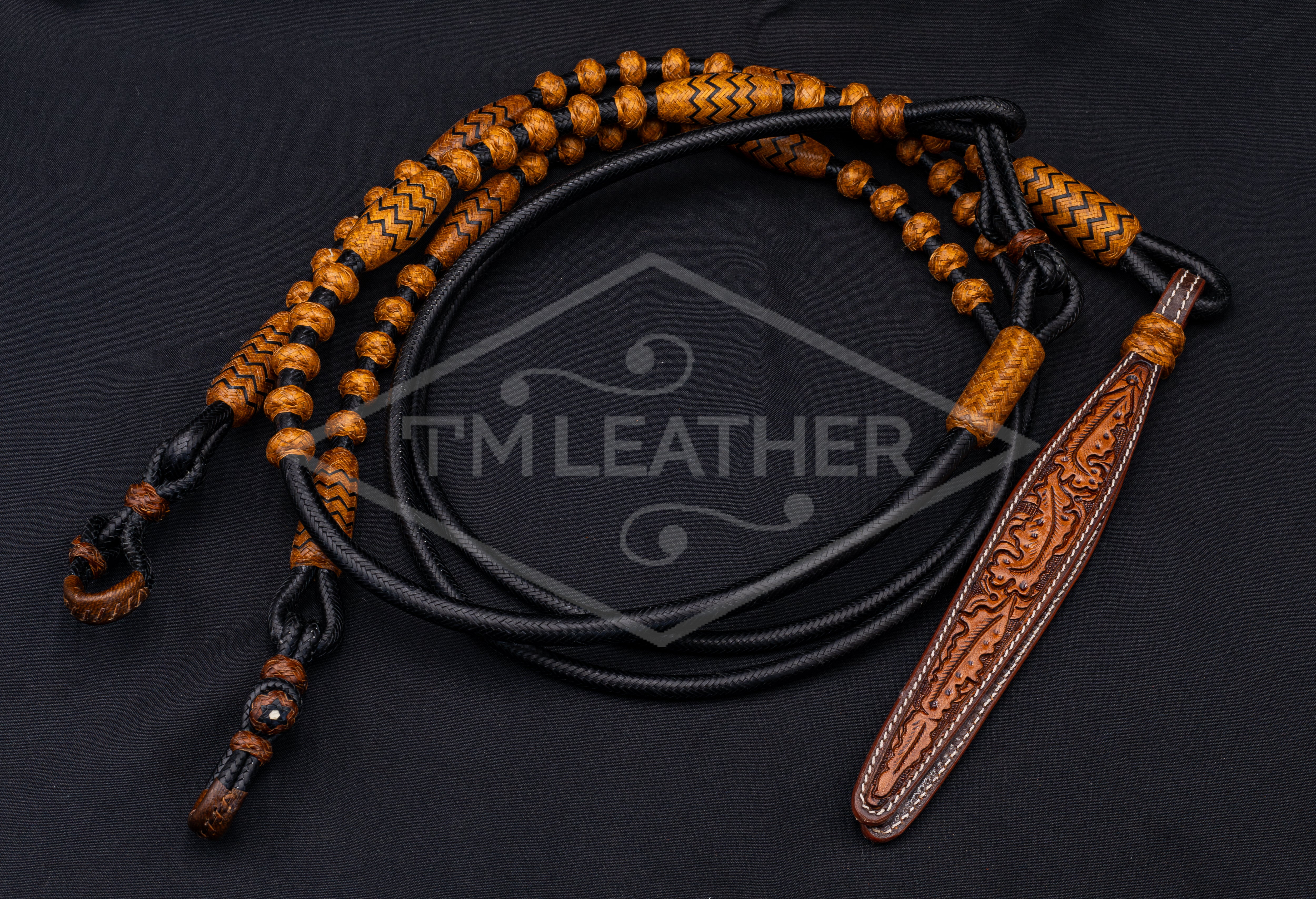 102" 30 Plait Black Body & Chestnut Buttons w/ Black Accents George Moore Style Romel Reins