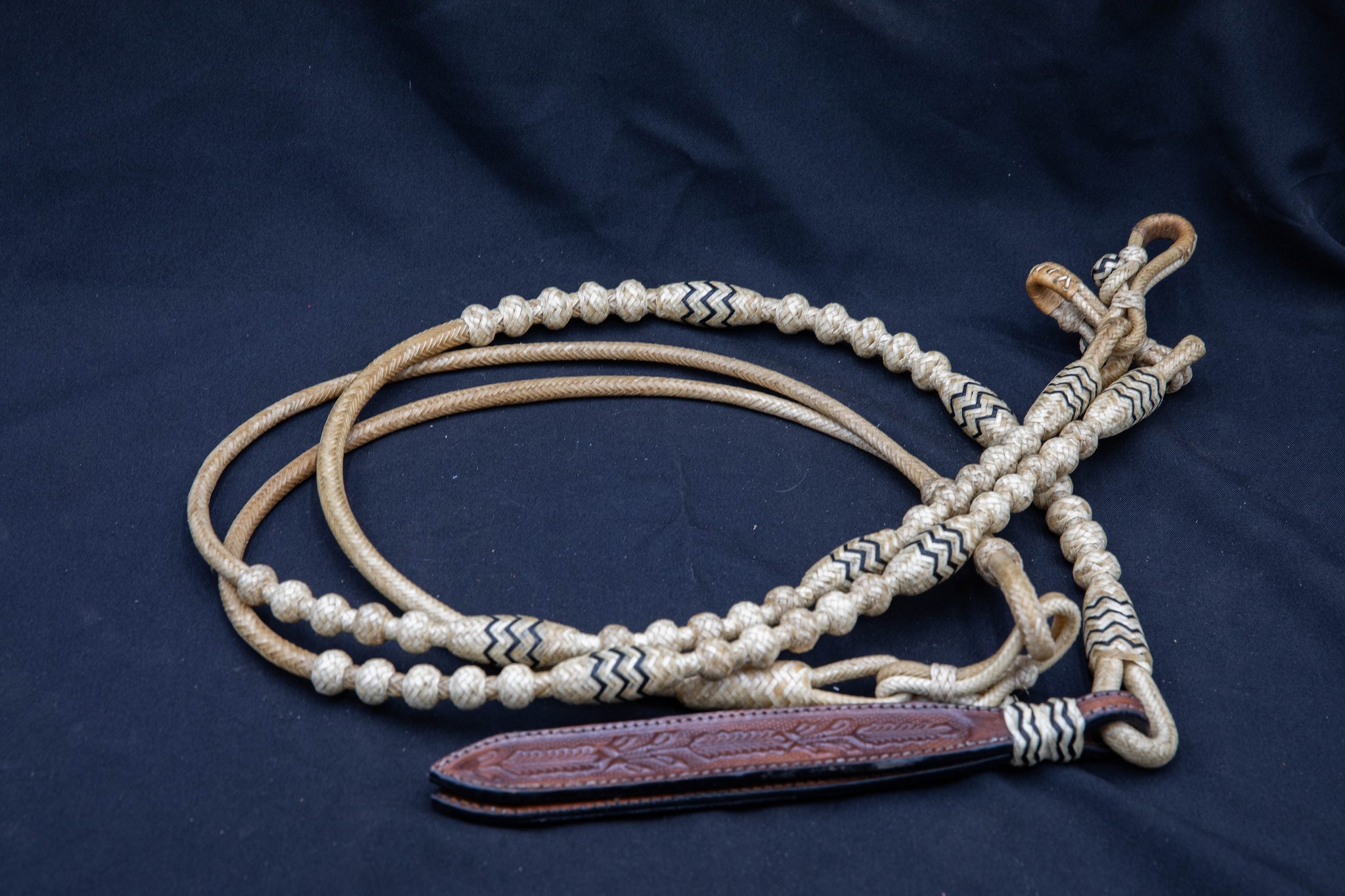 18 Plait, 102" Natural Rawhide Romel Reins with Black Accents