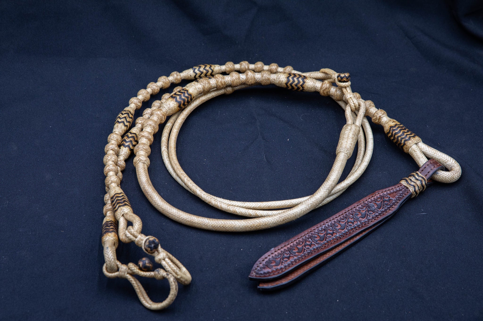 24 Plait, 108" Natural Rawhide Romel Reins with Black Accents