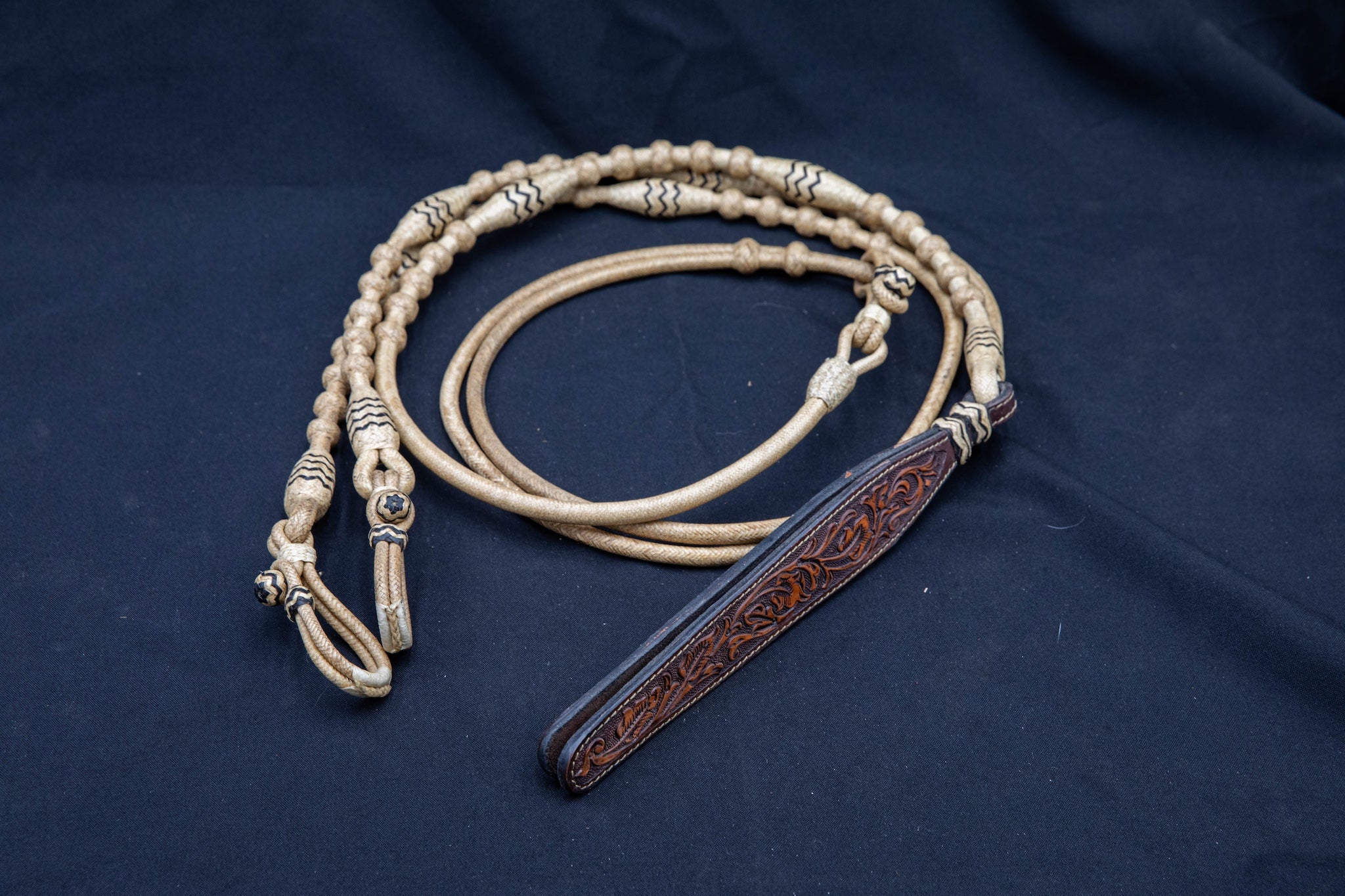 30 Plait, 104" Natural Rawhide Romel Reins with Black Accents