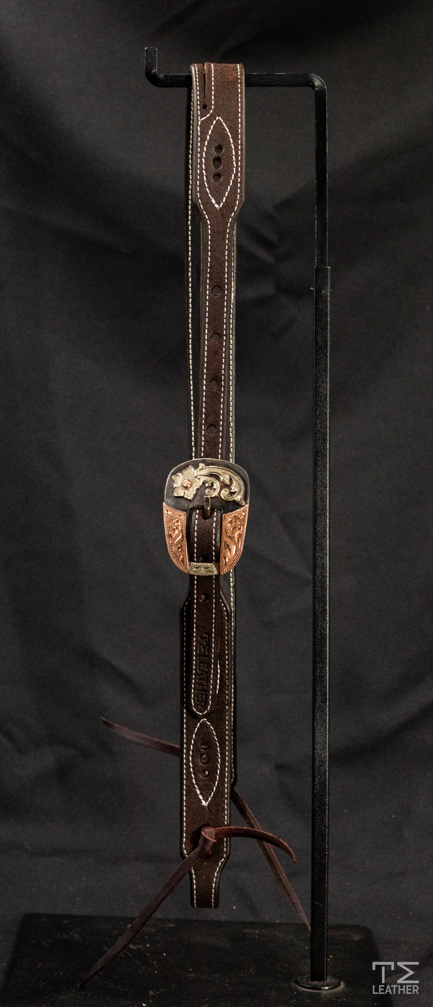 Working Slit Ear Chocolate Roughout w/ Gunslinger Stitching & Steel Rounded Buckle w/ Copper Accents