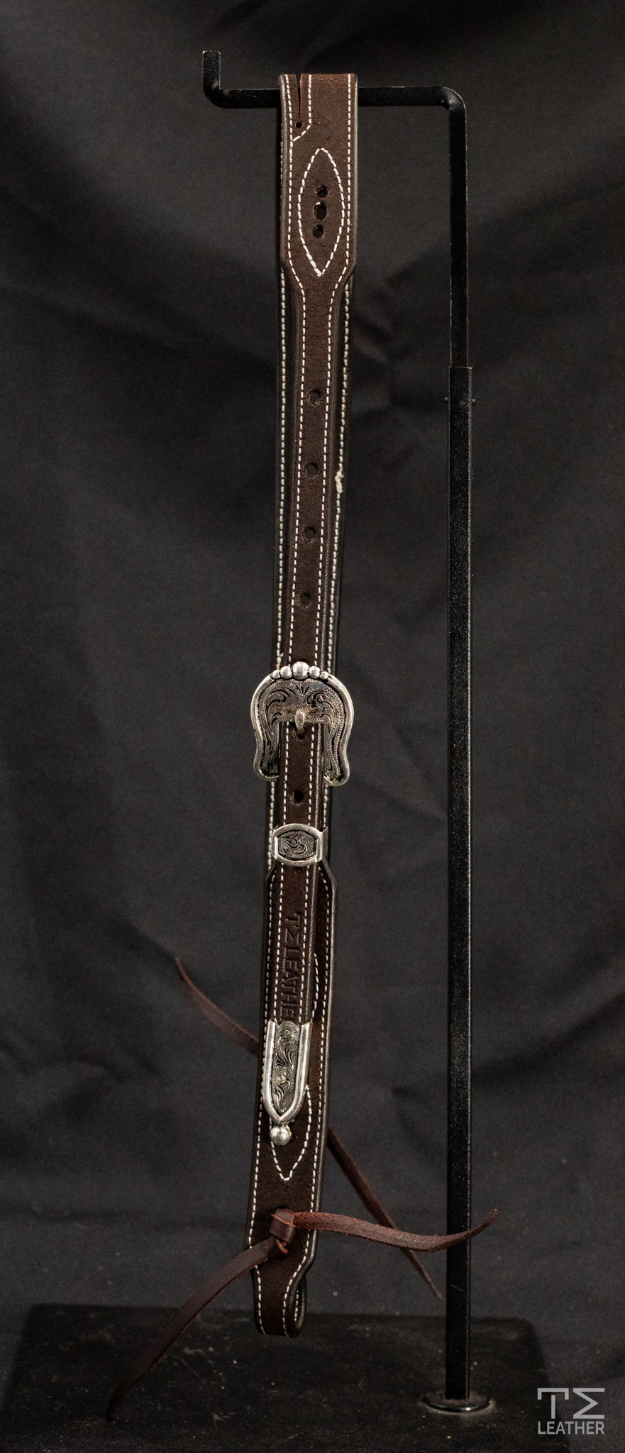Working Slit Ear Chocolate Roughout w/ Gunslinger Stitching & Engraved Silver Plated Antiqued Hardware