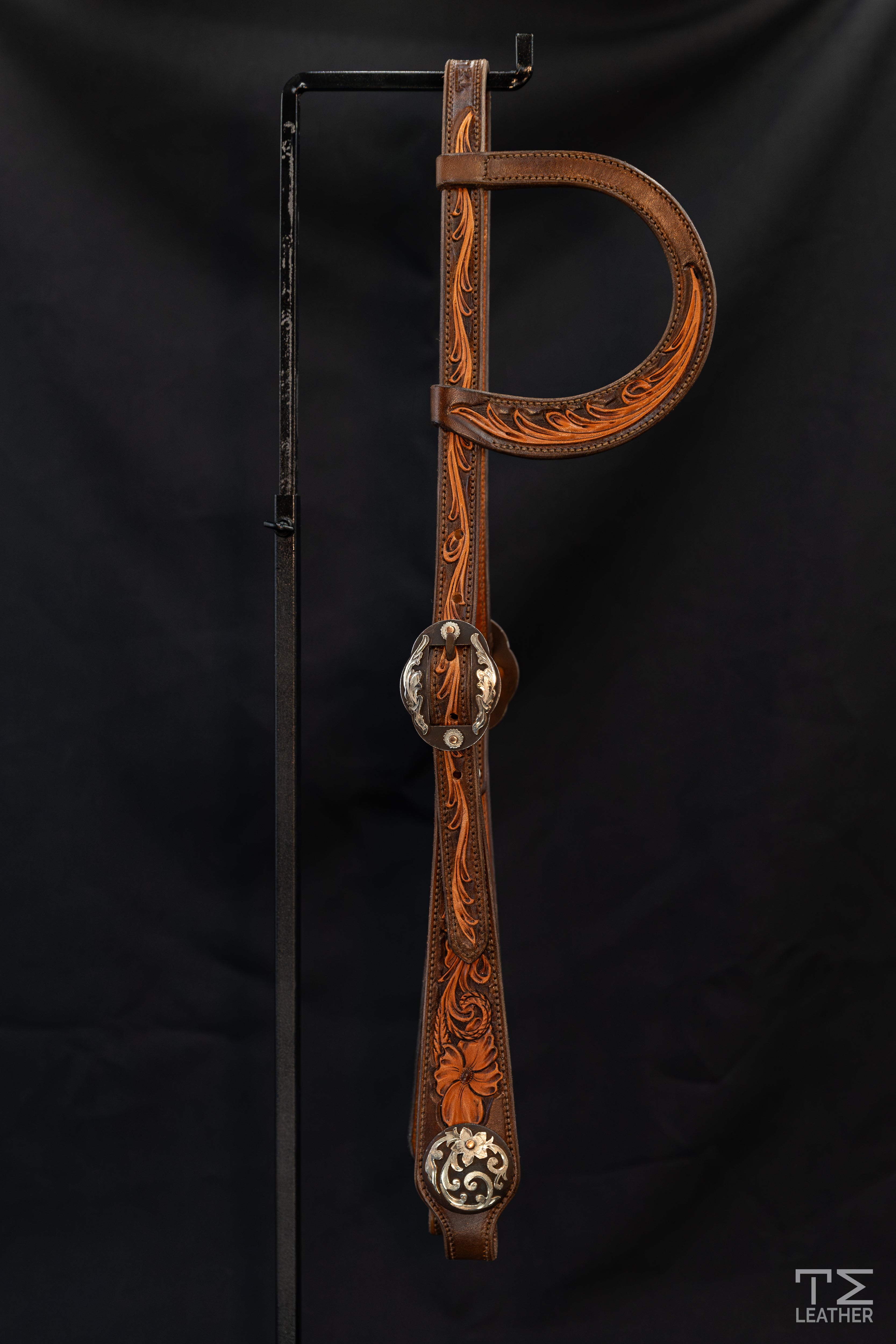 Slide Ear Walnut & Natural Floral Headstall w/ Browned Oval Floral Buckles & Large Conchos