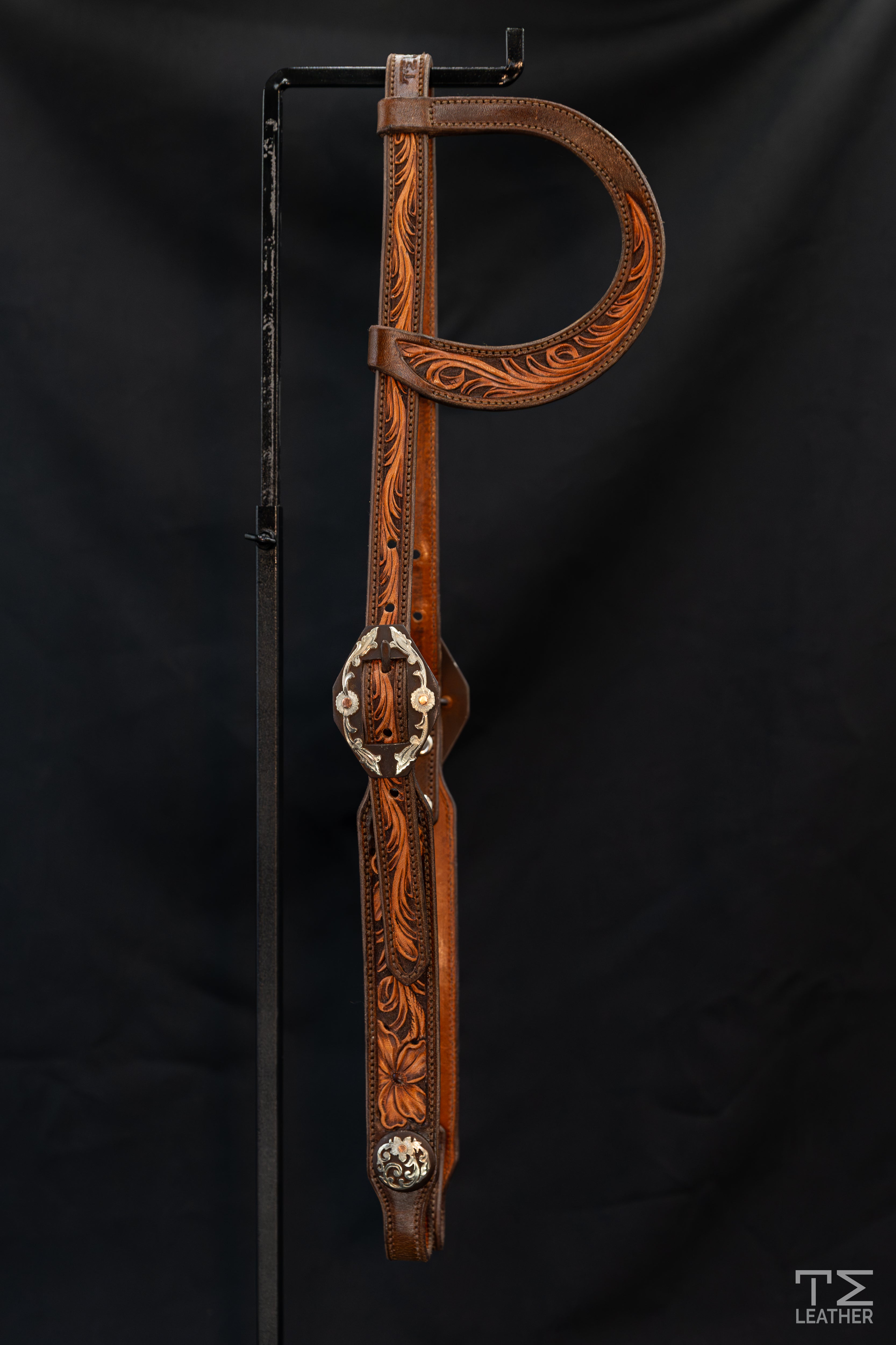 Slide Ear Walnut & Natural Floral Headstall w/ Browned Diamond Floral Buckles & Conchos