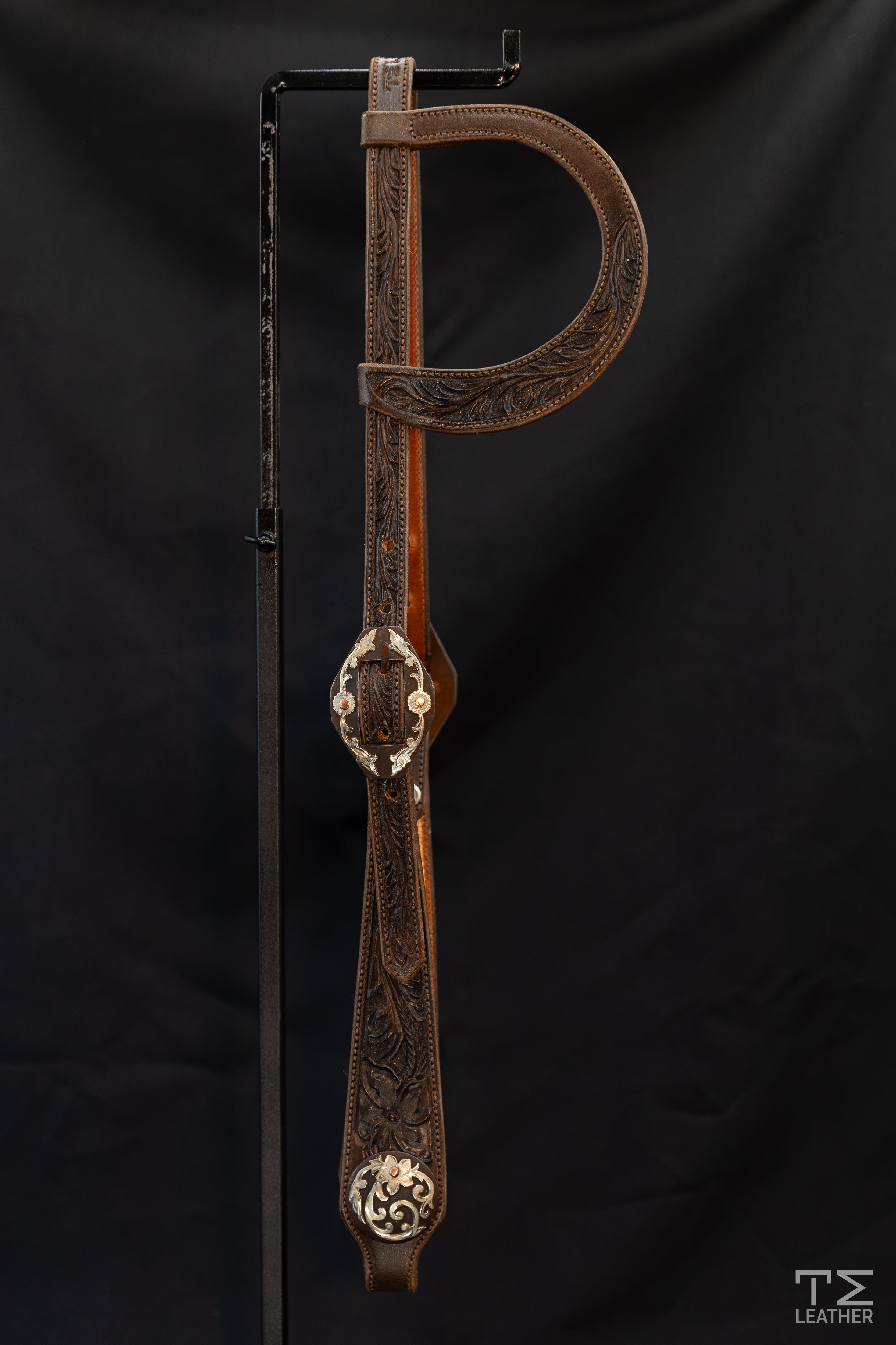 Slide Ear Chocolate Floral Headstall w/ Browned Diamond Floral Buckles & Large Conchos