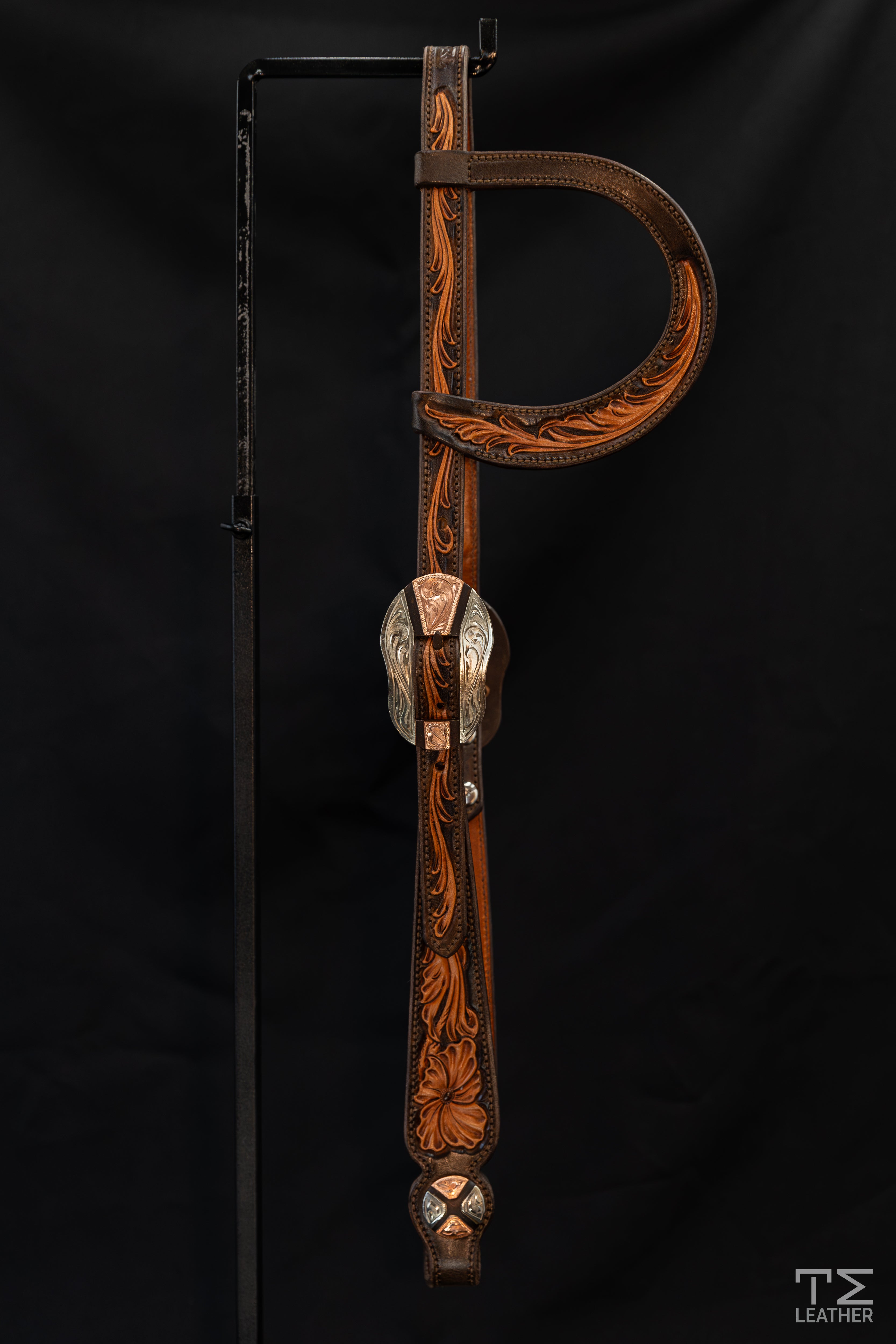 Slide Ear Chocolate & Natural Floral Headstall w/ Browned Silverton Buckle w/ Silver/Copper Overlay