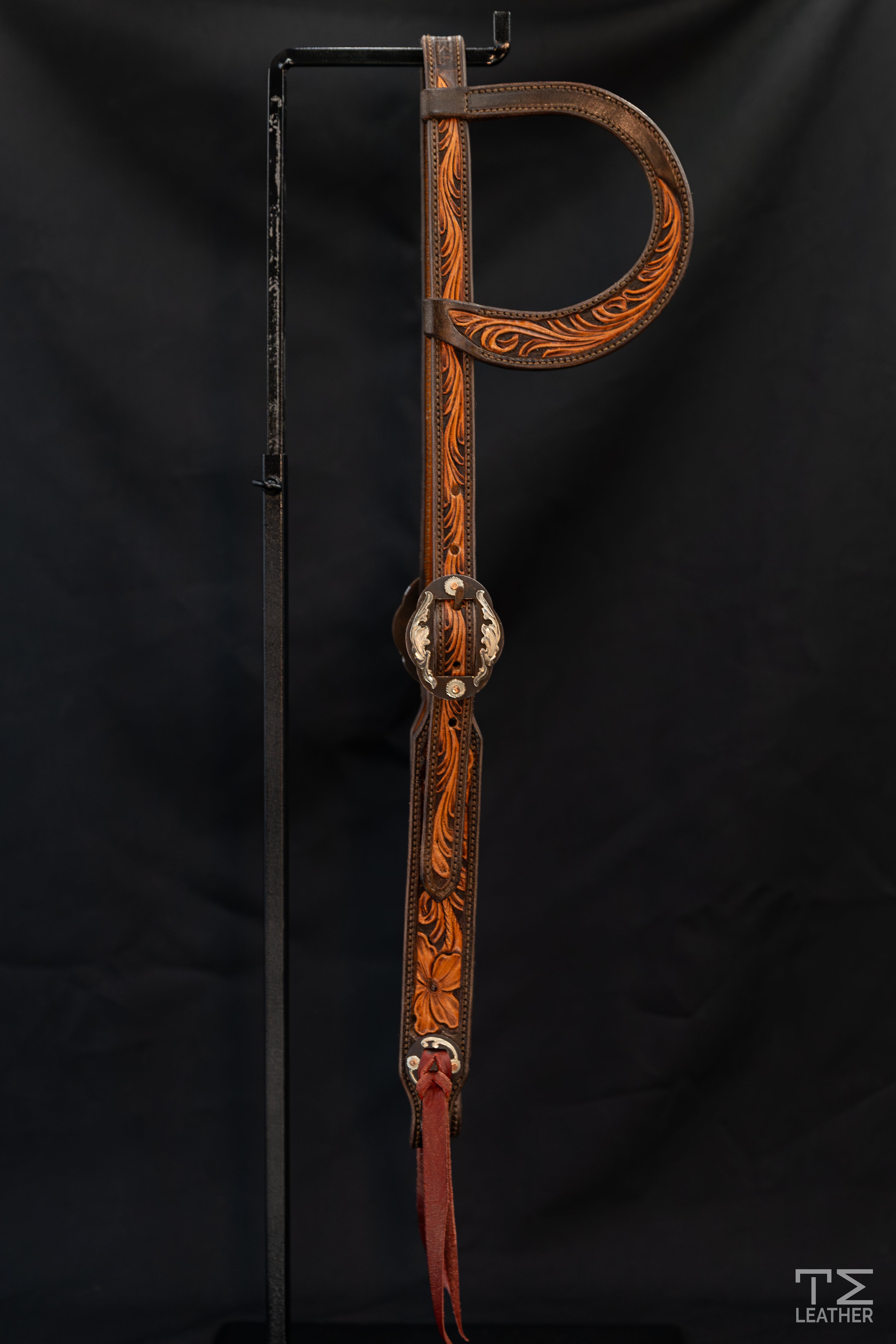 Slide Ear Chocolate & Natural Floral Headstall w/ Browned Oval Floral Buckles & Conchos