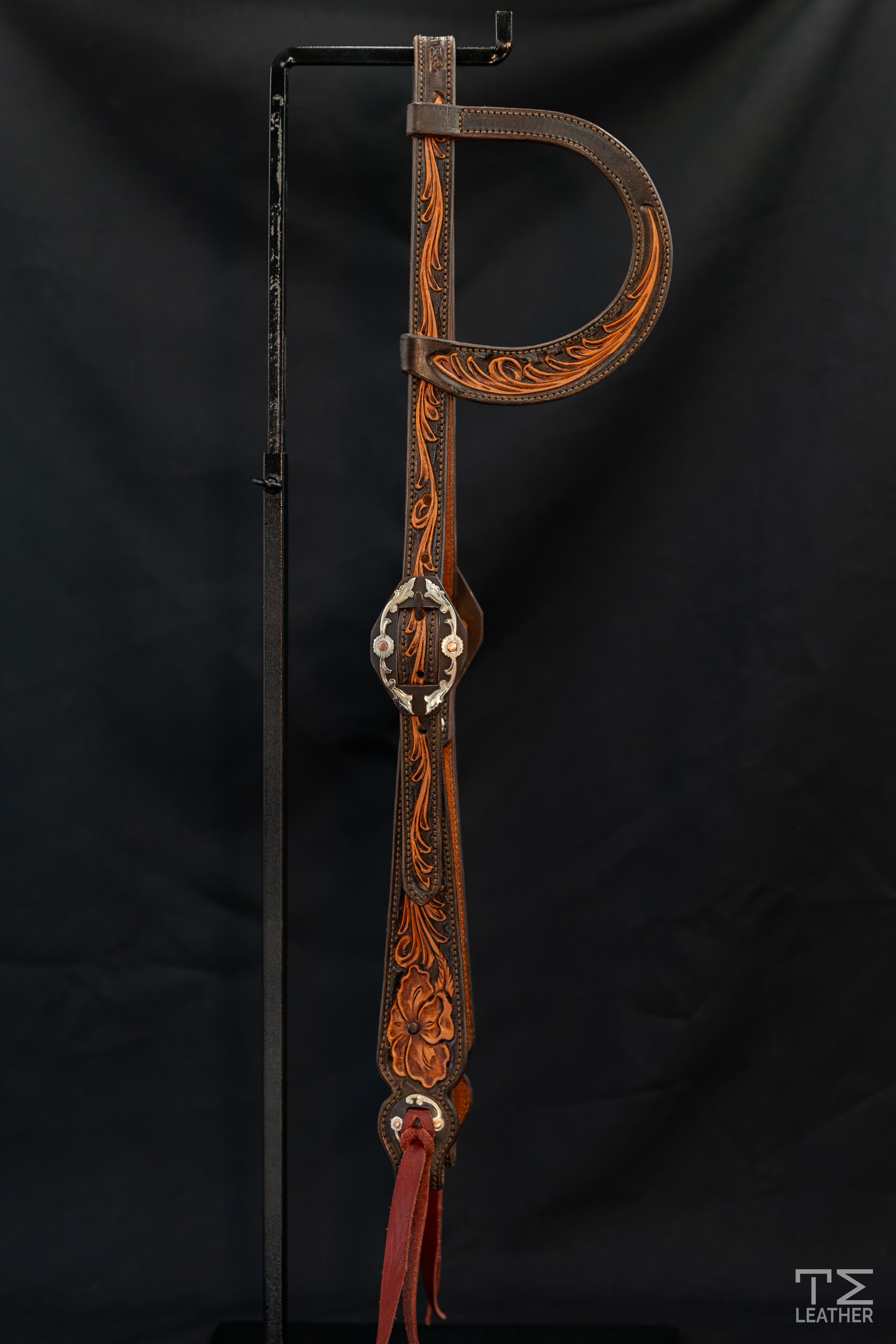 Slide Ear Chocolate & Natural Floral Headstall w/ Browned Diamond Floral Buckles & Conchos