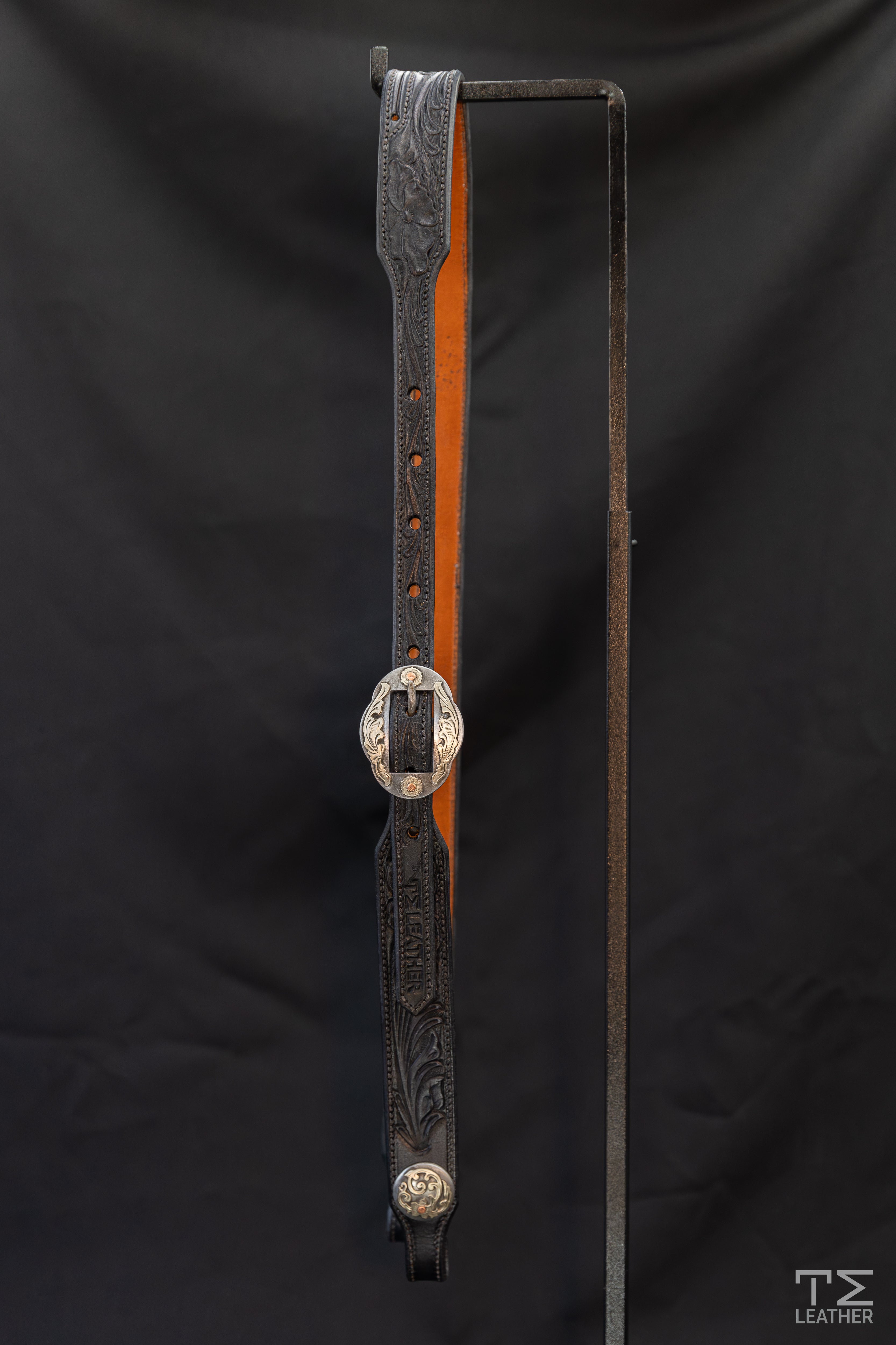 Slit Ear Black Floral Headstall w/ Silver Oval Floral Buckles & Matching Conchos