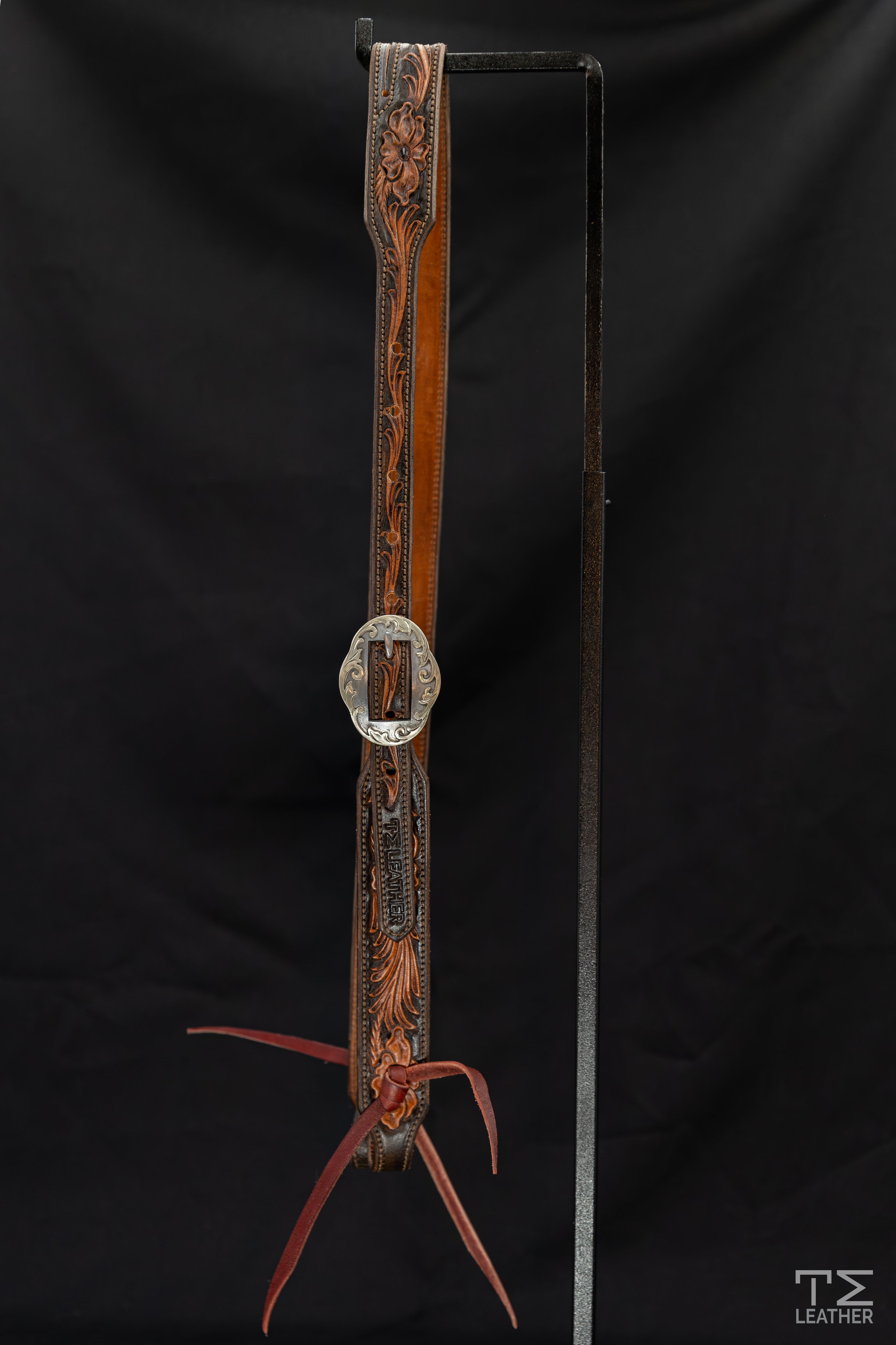 Slit Ear Chocolate & Natural Floral Headstall w/ Silver Oval Scrolled Buckles
