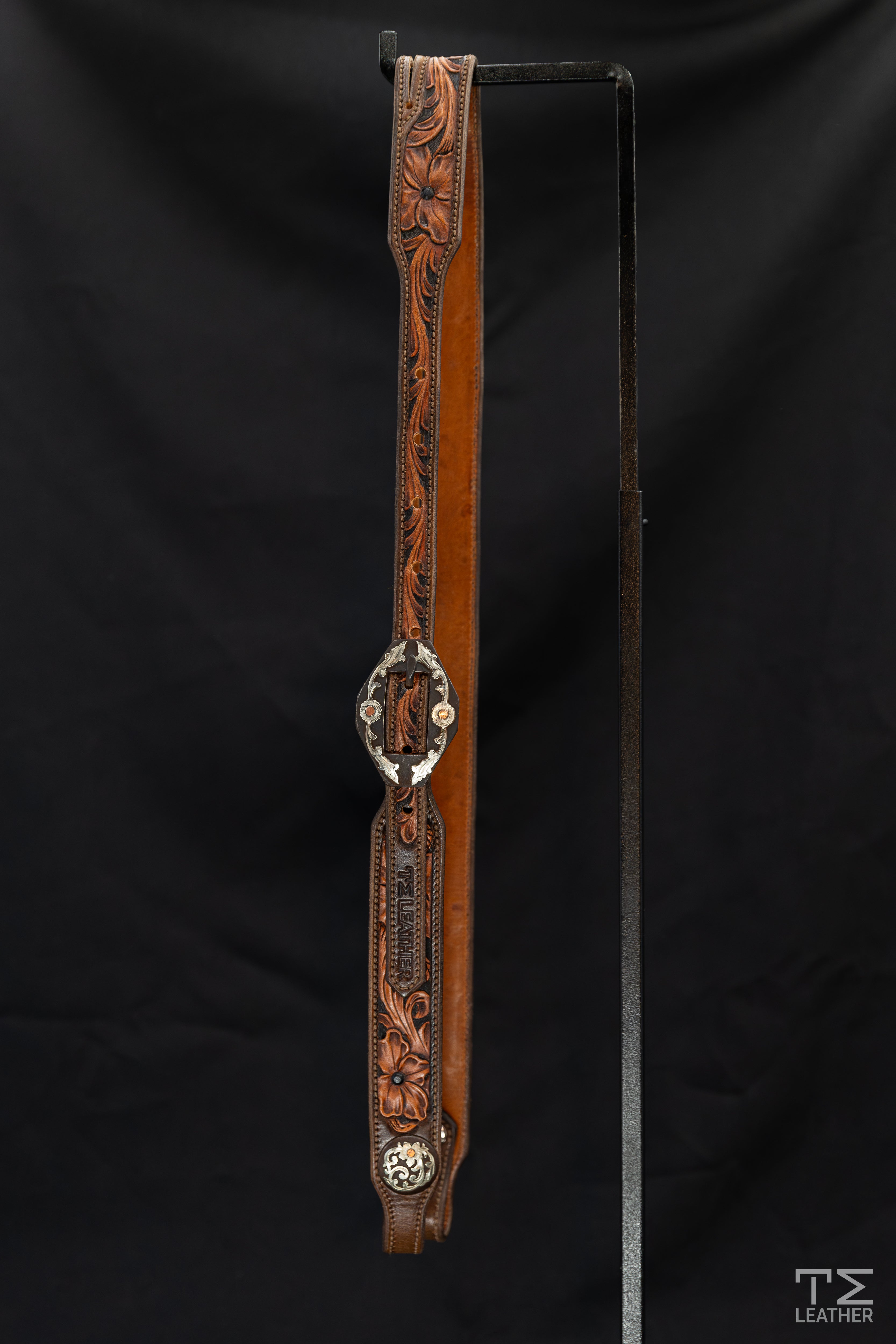 Slit Ear Walnut, Black & Natural Floral Headstall w/ Browned Diamond Floral Buckles & Matching Conchos