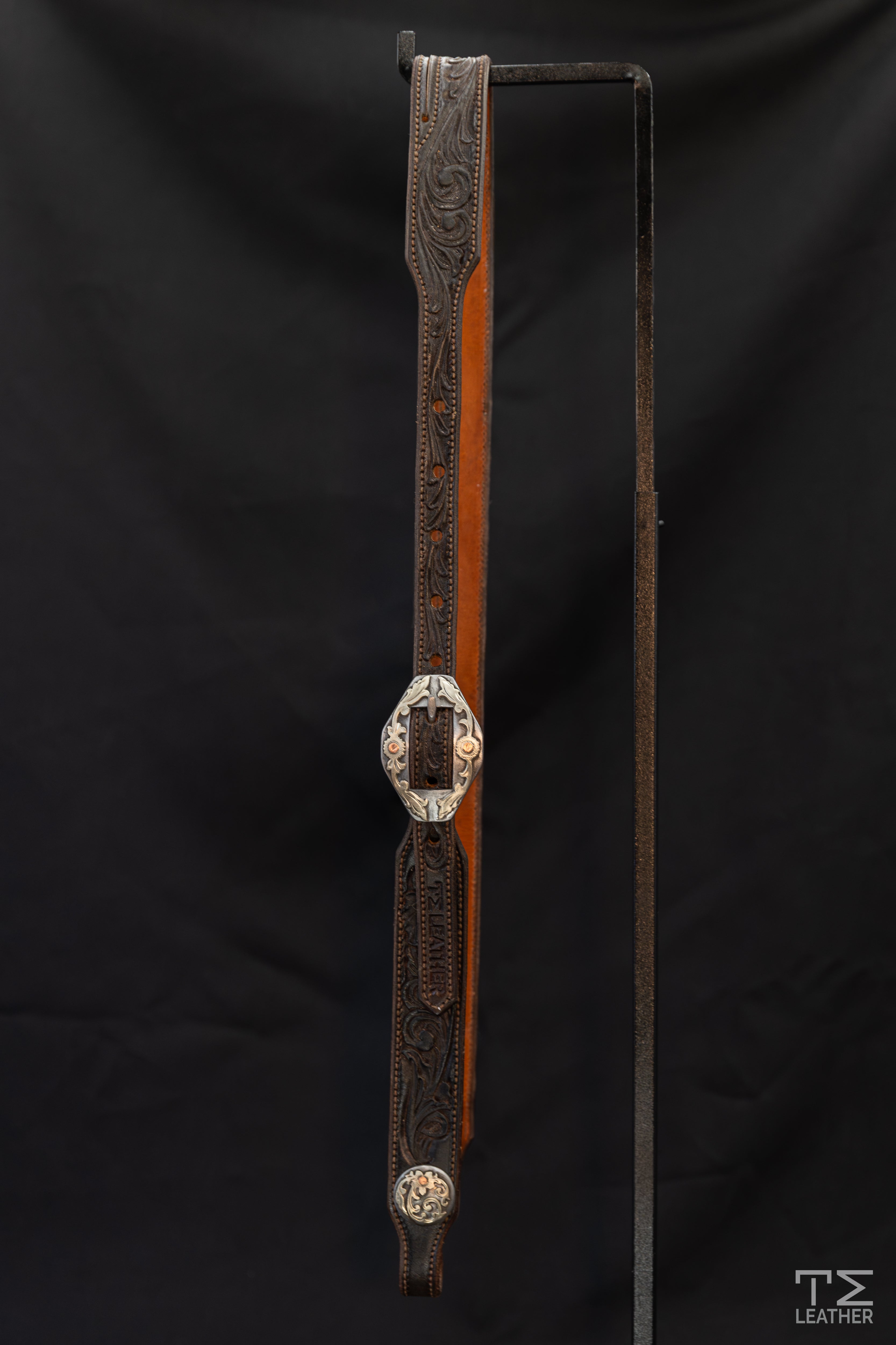 Slit Ear Chocolate Floral Headstall w/ Silver Diamond Floral Buckles & Matching Conchos
