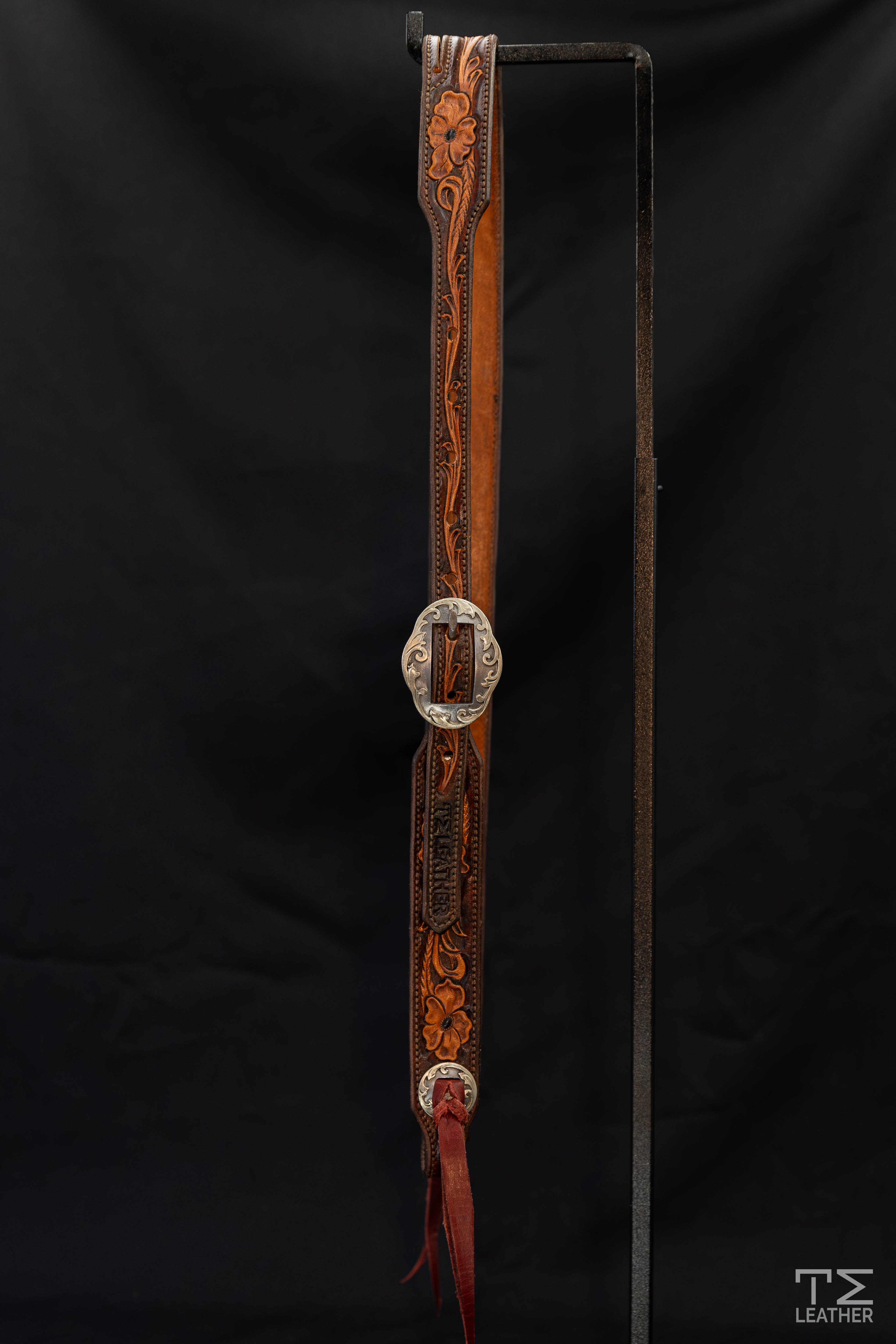 Slit Ear Chocolate & Natural Floral Headstall w/ Silver Oval Scrolled Buckles & Matching Conchos