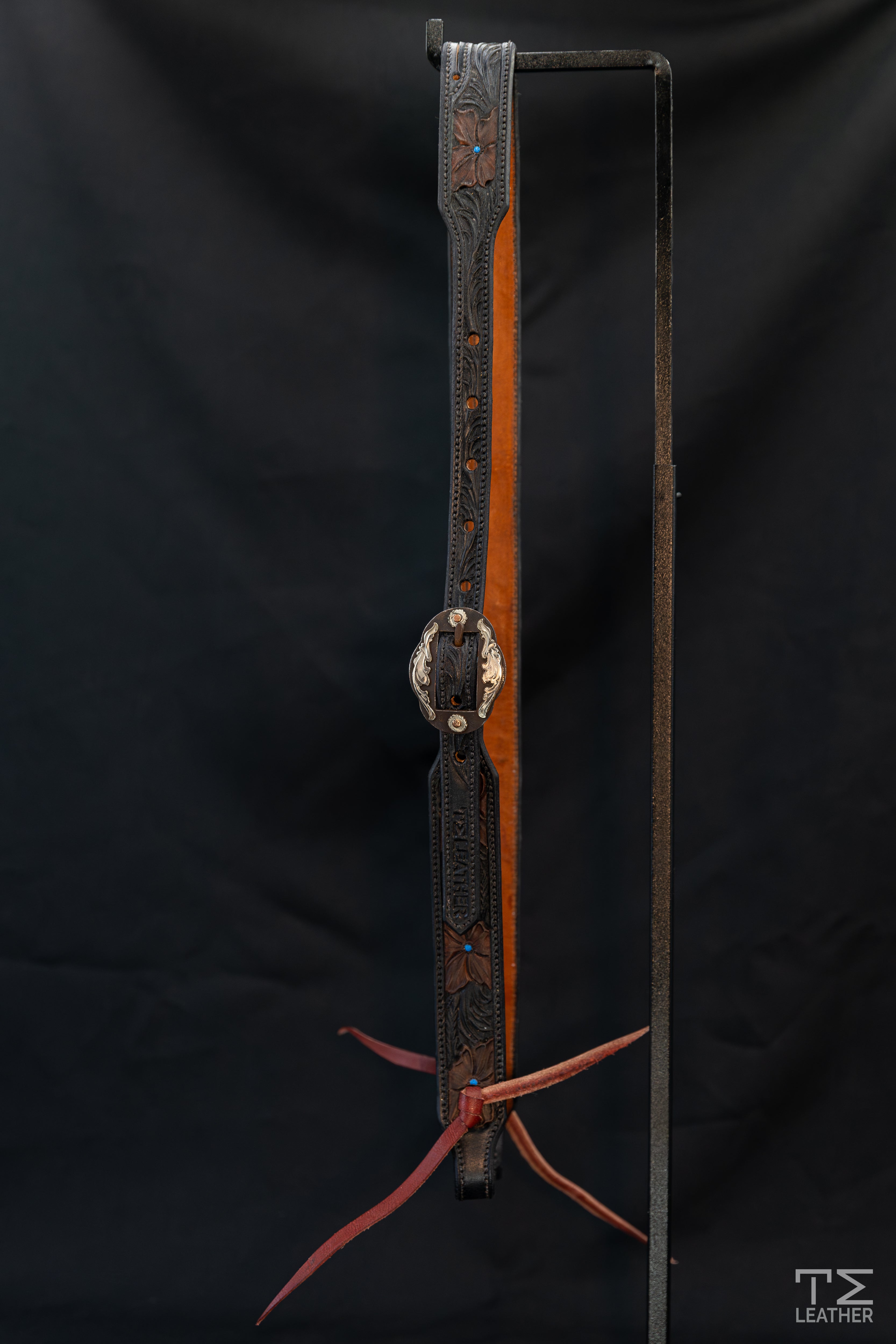 Slit Ear Black & Walnut Floral Headstall w/ Royal Blue Accents & Browned Oval Floral Buckles