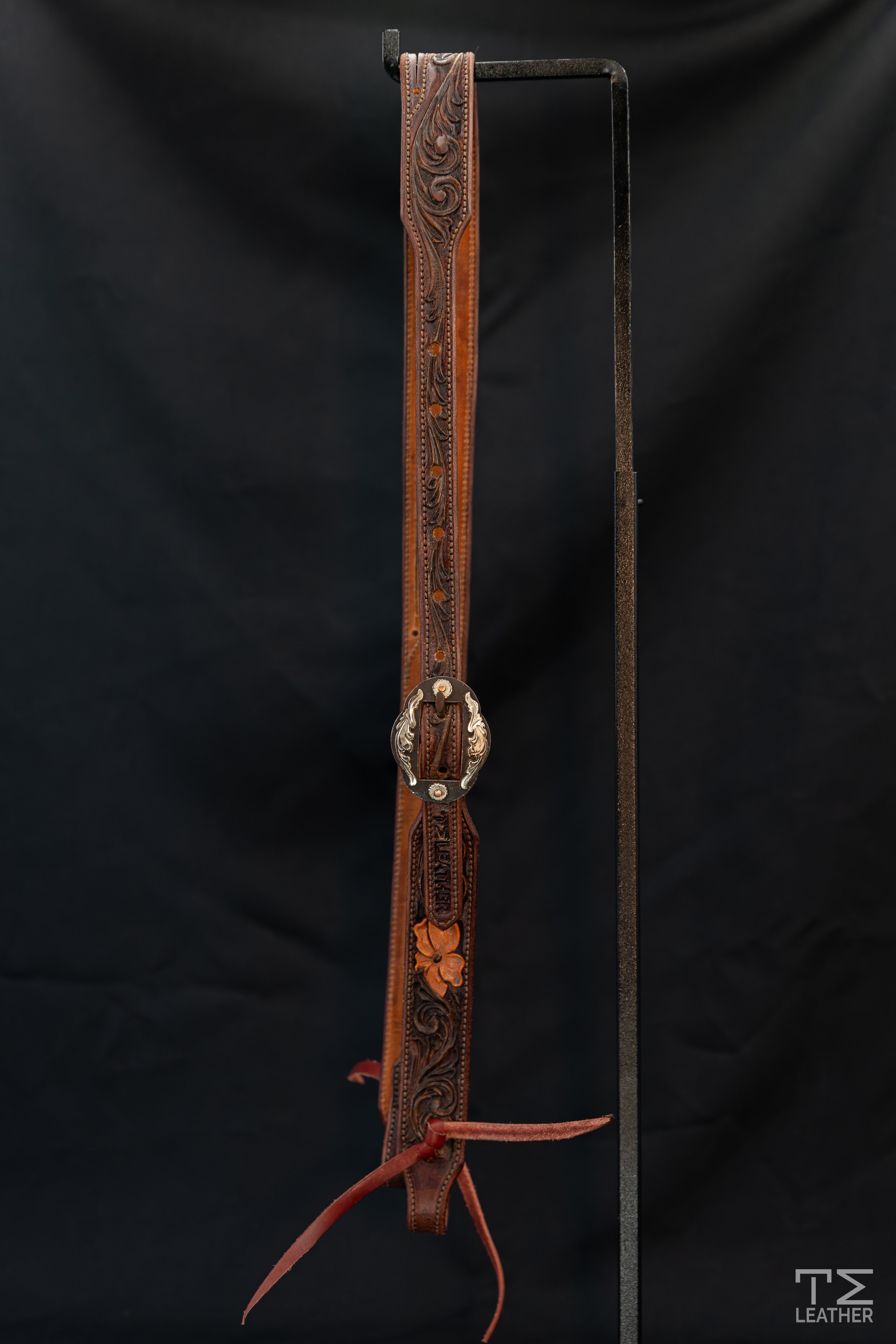 Slit Ear Walnut & Saddle Tan Floral Headstall w/ Browned Oval Floral Buckles