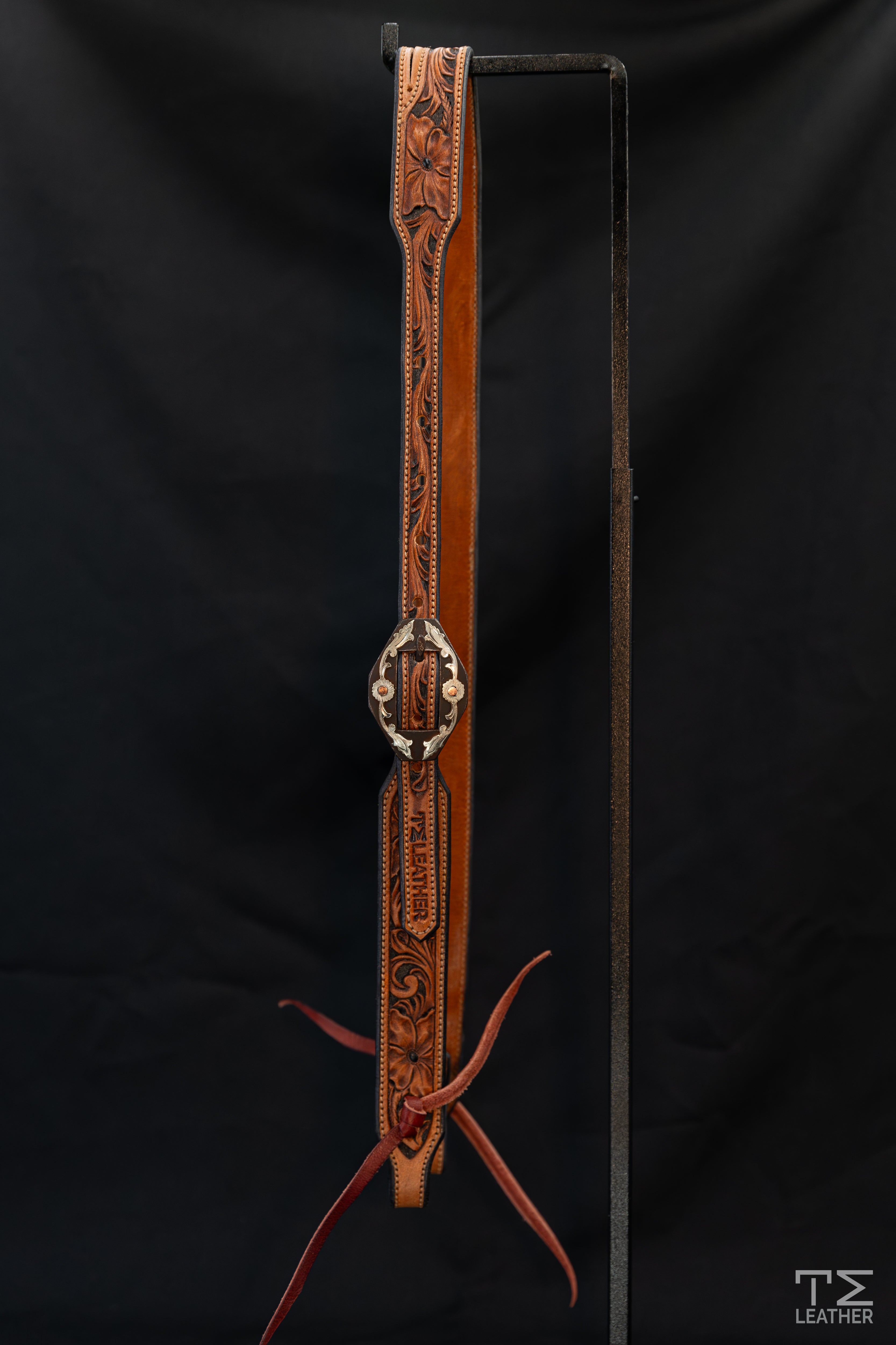Slit Ear Black & Saddle Tan Floral Headstall w/ Browned Diamond Floral Buckles