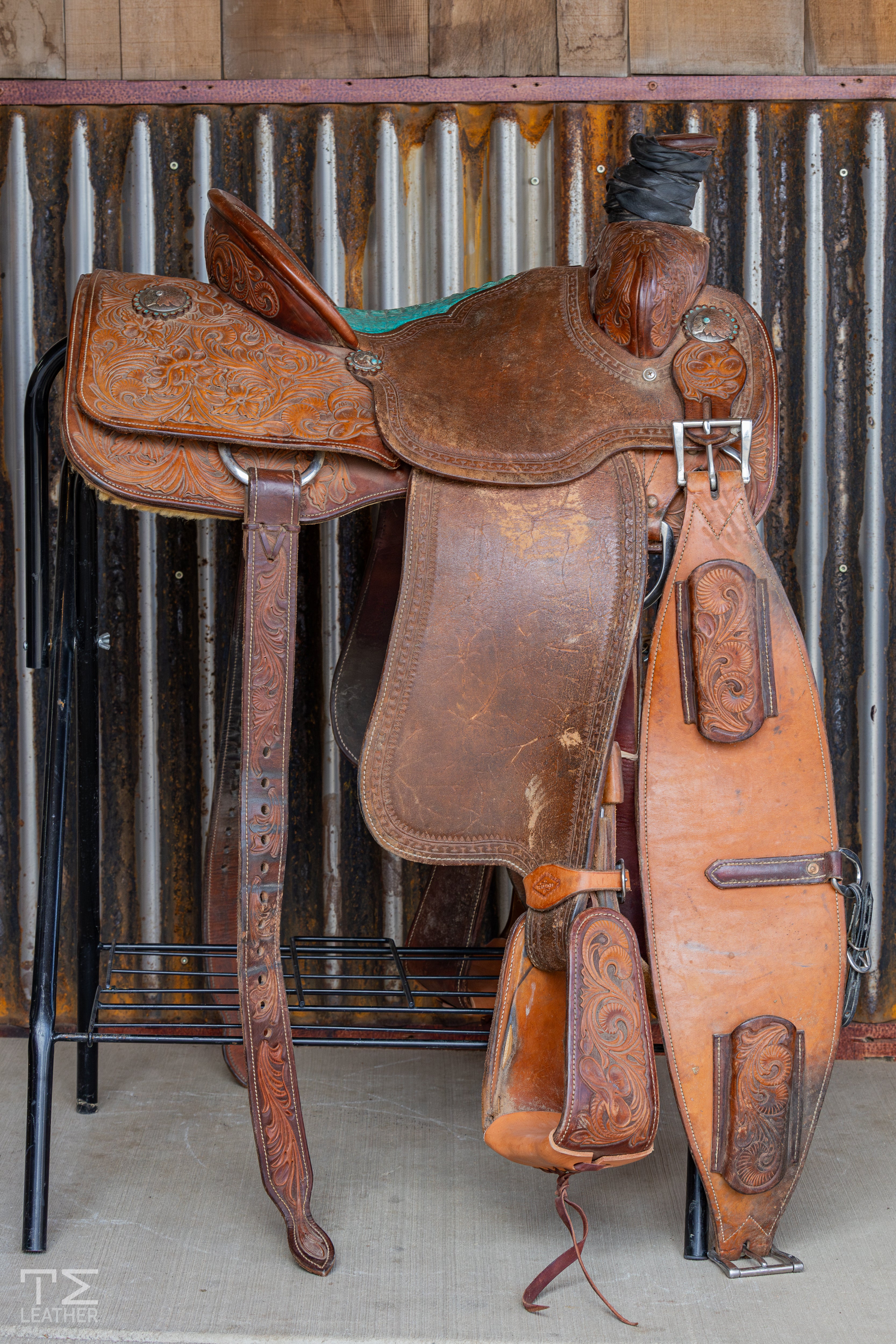 14.5" TM Team Roper 3/4 Floral w/ Turquoise Caiman Inlay Seat