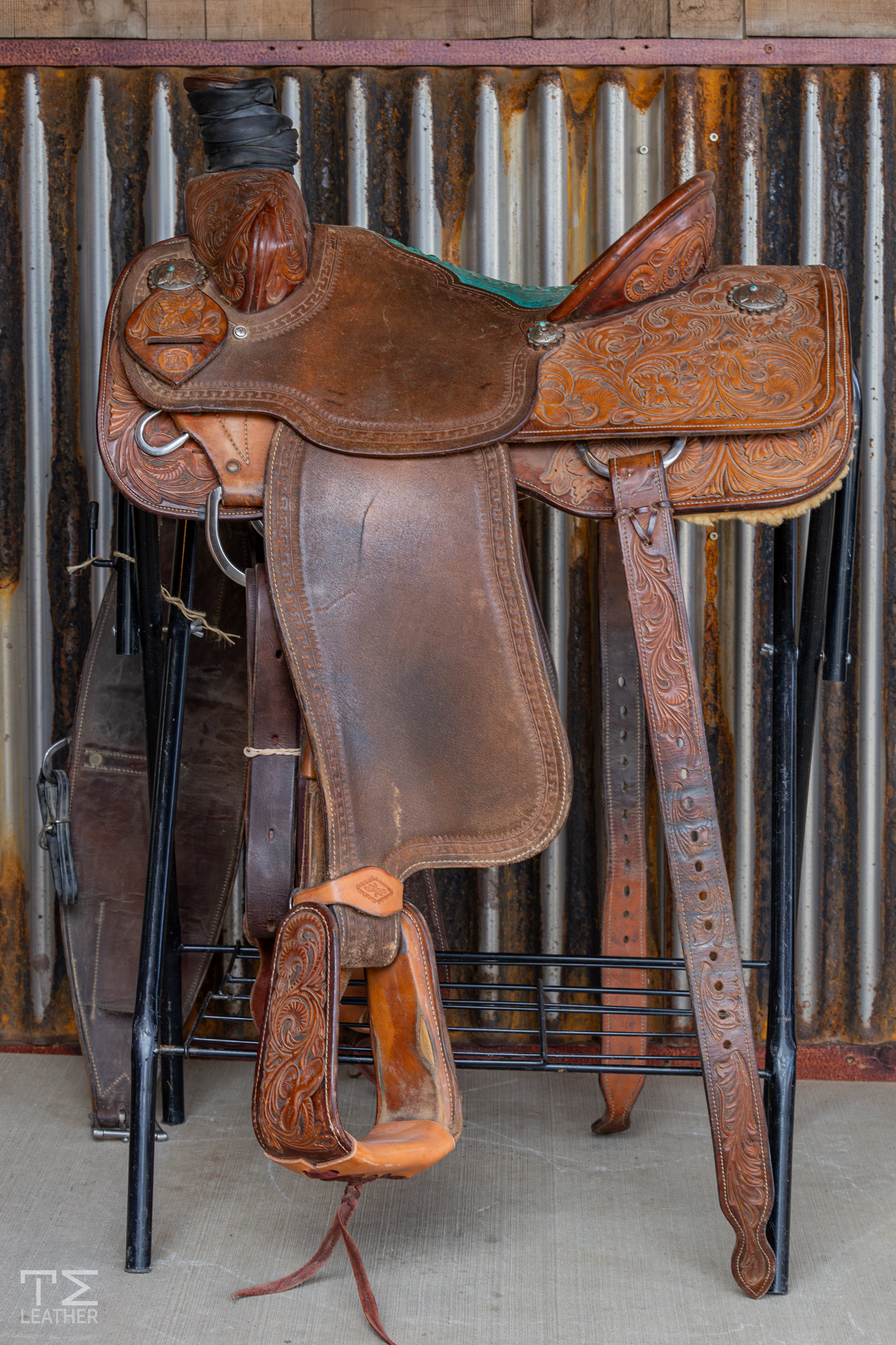 14.5" TM Team Roper 3/4 Floral w/ Turquoise Caiman Inlay Seat