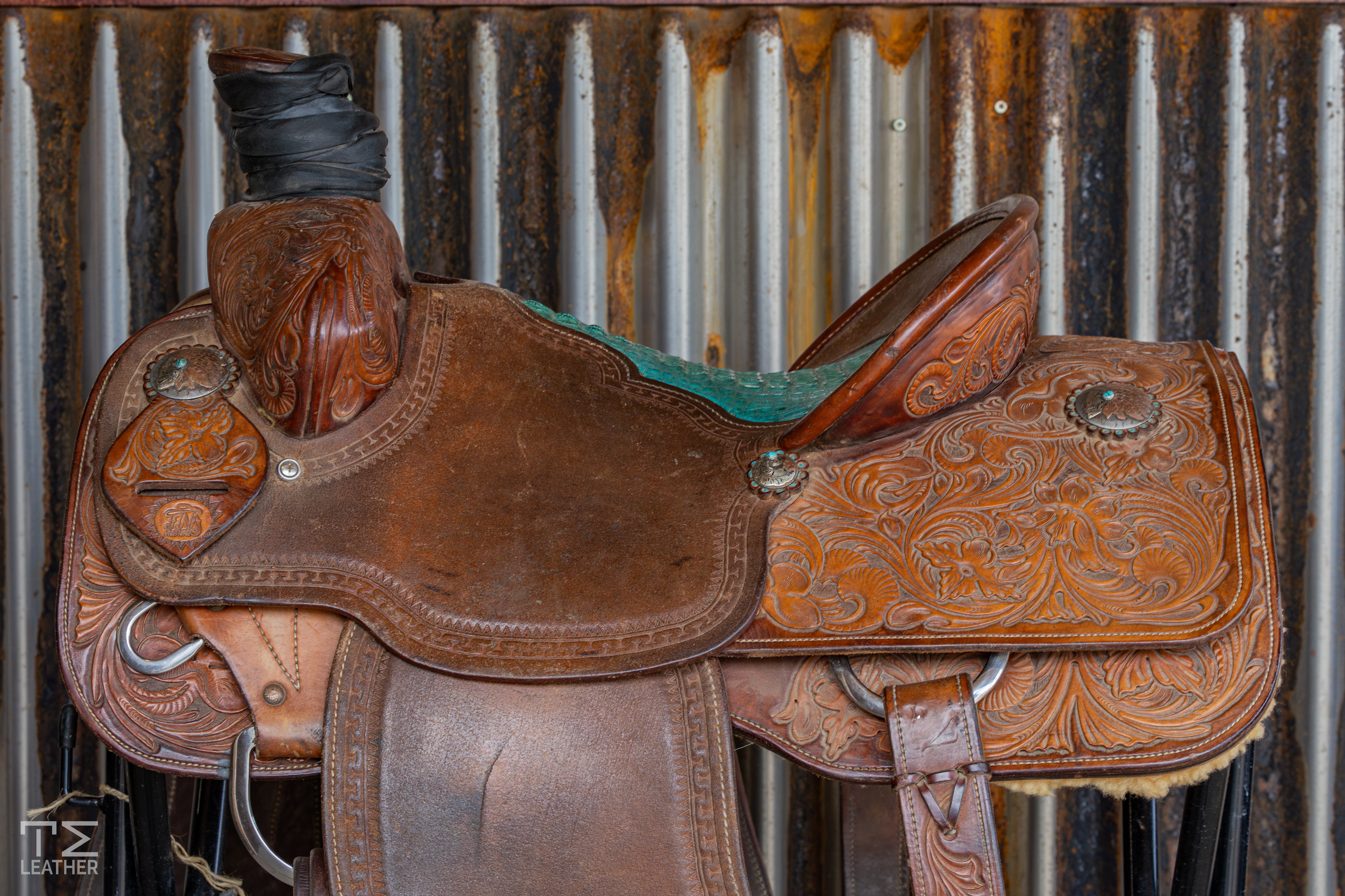 14.5" TM Team Roper 3/4 Floral w/ Turquoise Caiman Inlay Seat