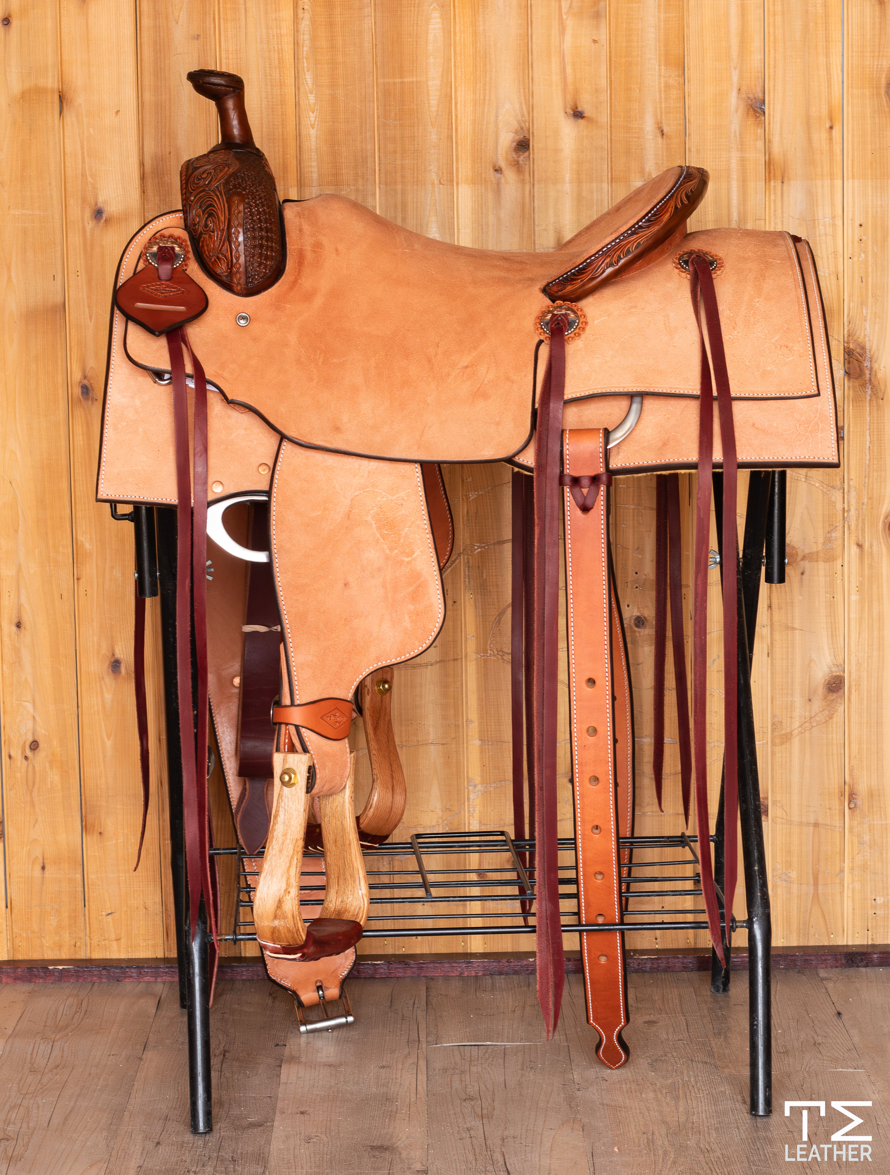 Ranch Cutter Saddle 16" Natural Roughout 1/4 Floral & Waffle Carved Two-Toned