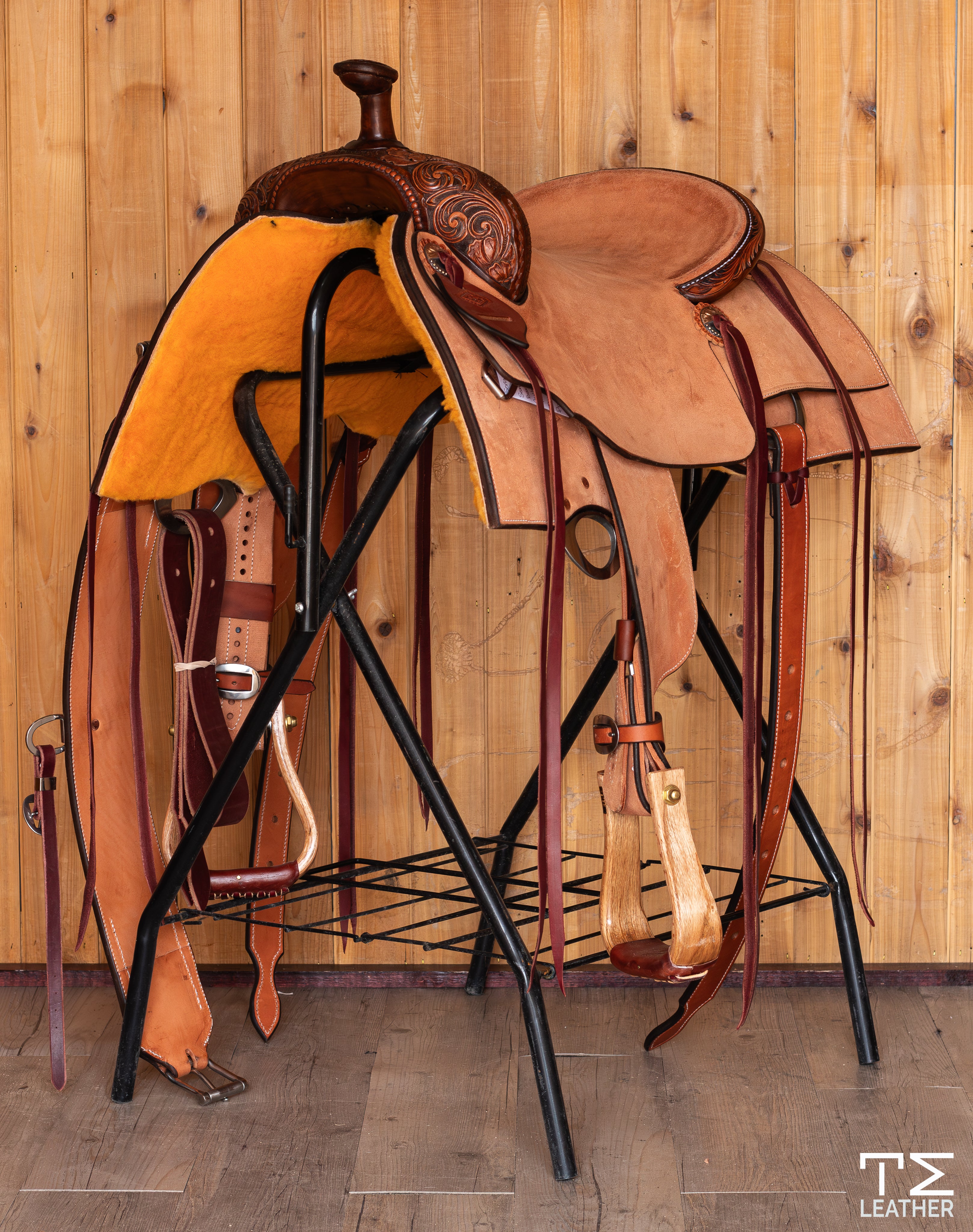 Ranch Cutter Saddle 16" Natural Roughout 1/4 Floral & Waffle Carved Two-Toned