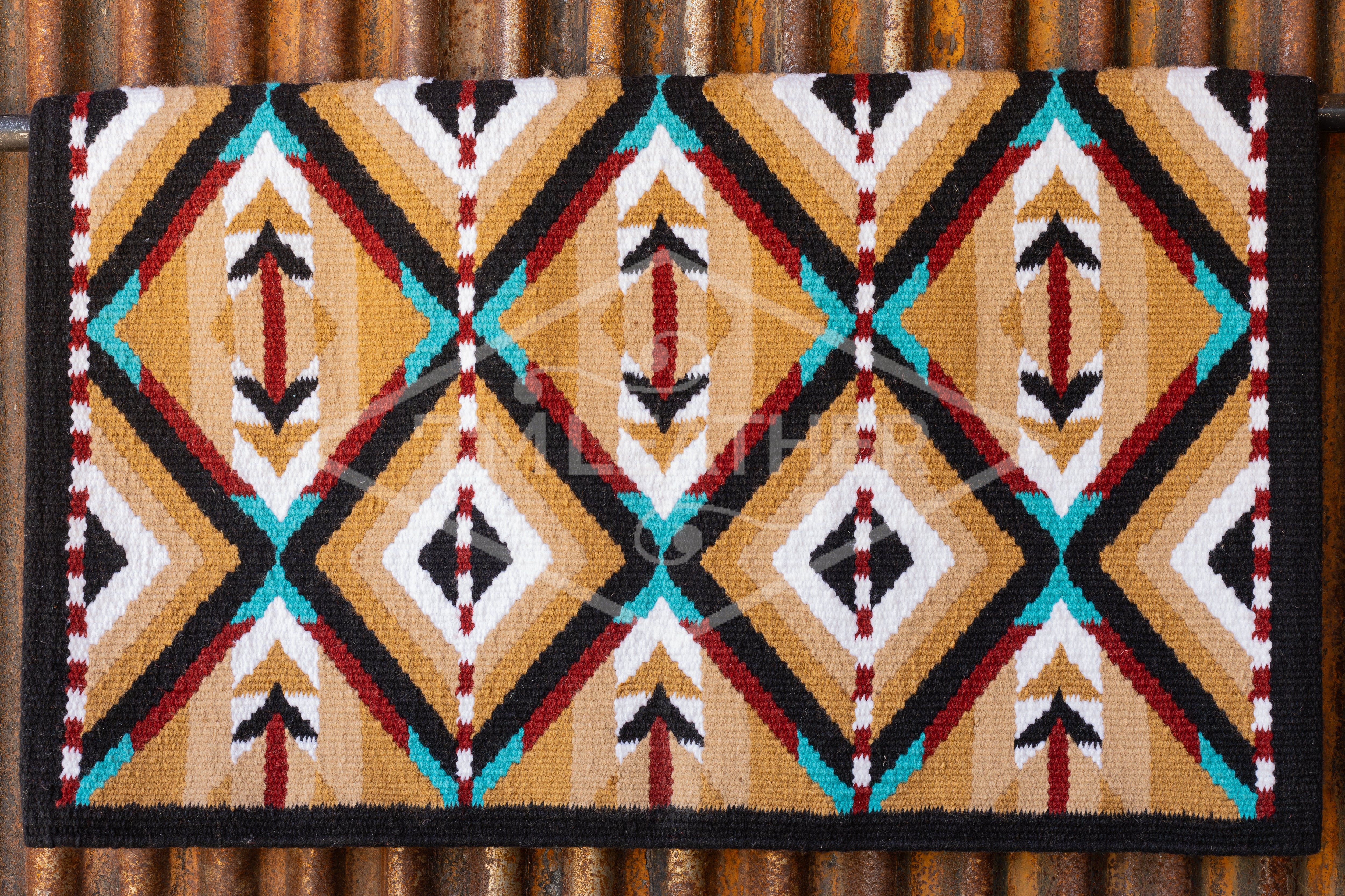 Black, Tans, Light Teal, Dark Red w/ White Accents Flat Show Blanket