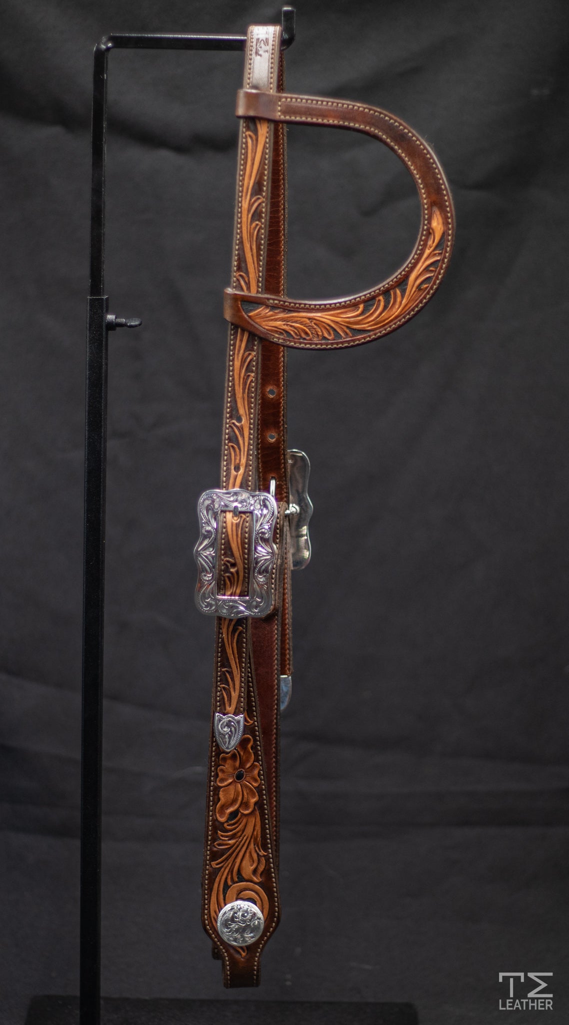 Slide Ear Brown & Light Brown Two Toned Floral w/ Black Accents & Engraved Silver Plated Hardware