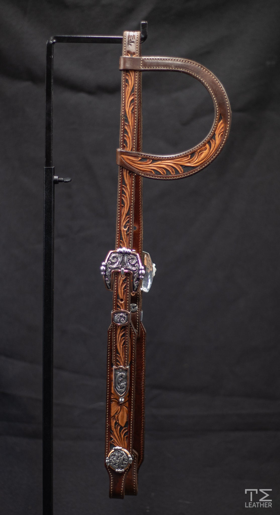 Slide Ear Chocolate & Light Brown Two Toned Floral w/ Black Accents w/ Engraved Silver Plated Hardware w/ Copper Accents