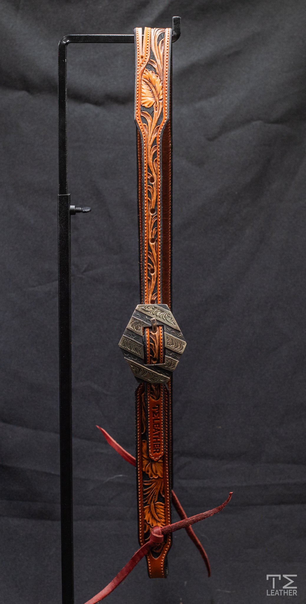 Slit Ear Saddle Tan & Black Floral w/ Square Diamond Mixed Metal Hardware