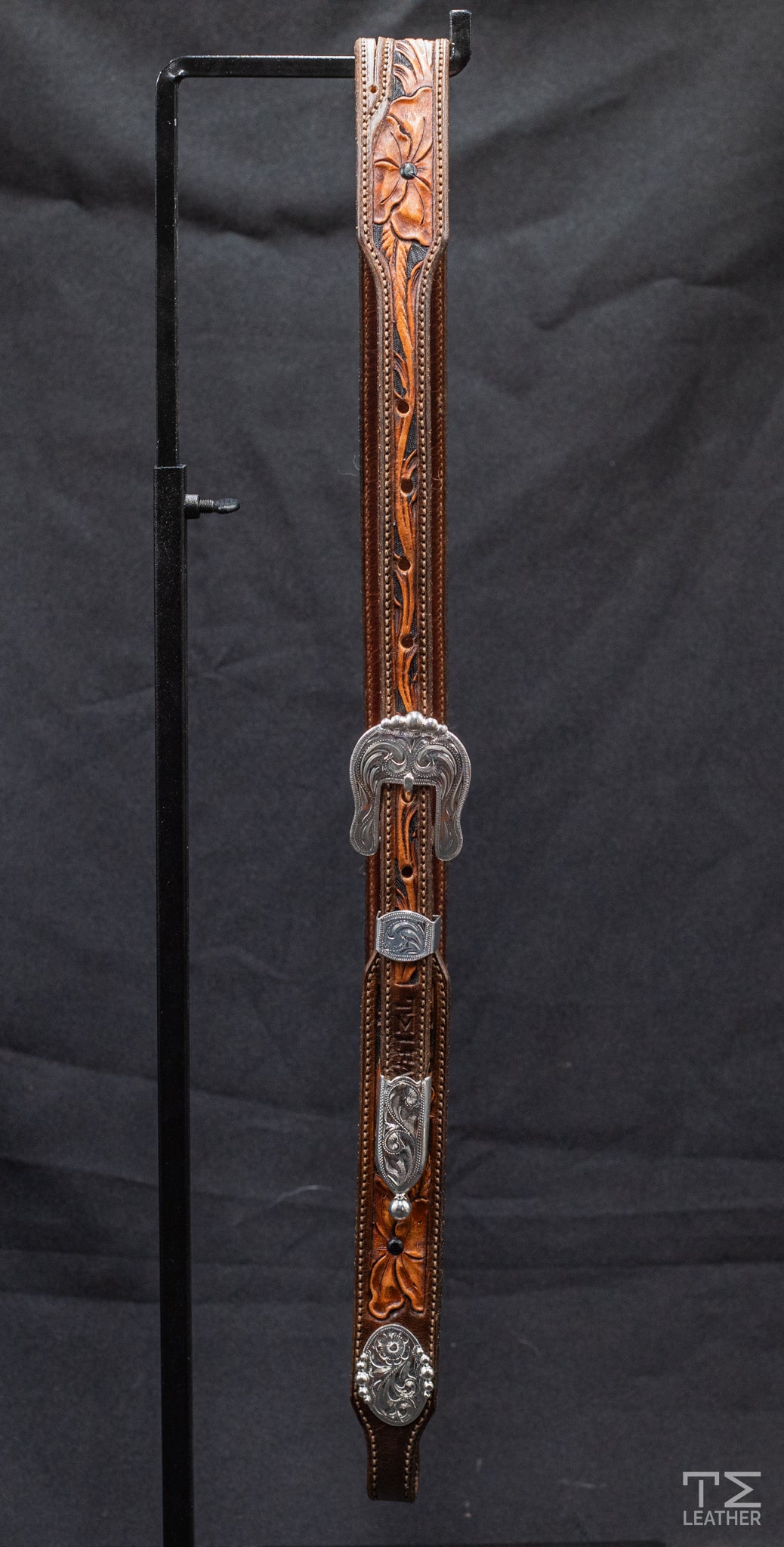 Slit Ear Chocolate & Light Brown Floral w/ Black Accents & Engraved Silver Plated Hardware