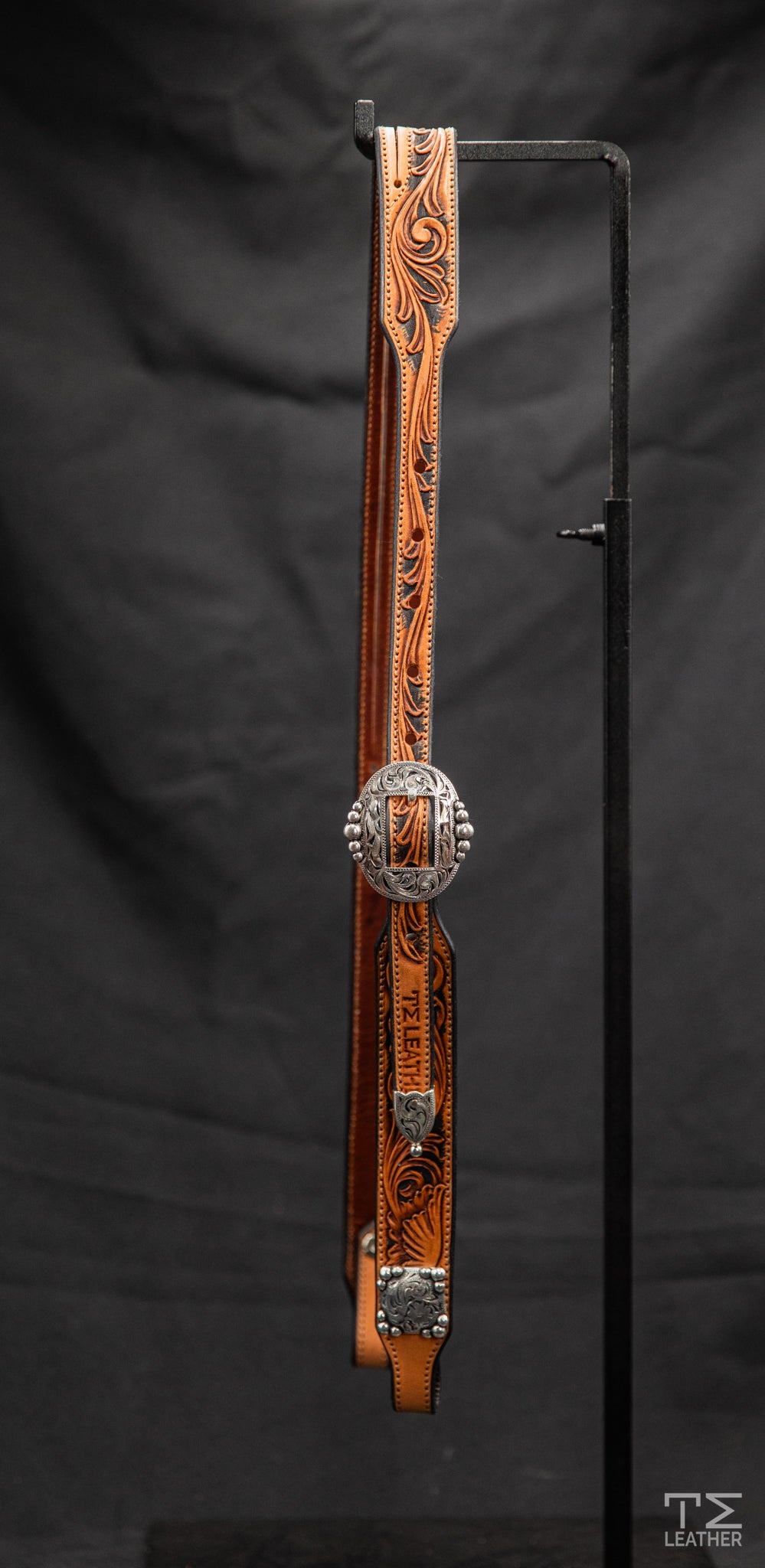Slit Ear Light Brown & Black Floral w/ Silver Plated Hardware w/ Graduated Beads & Matching Conchos